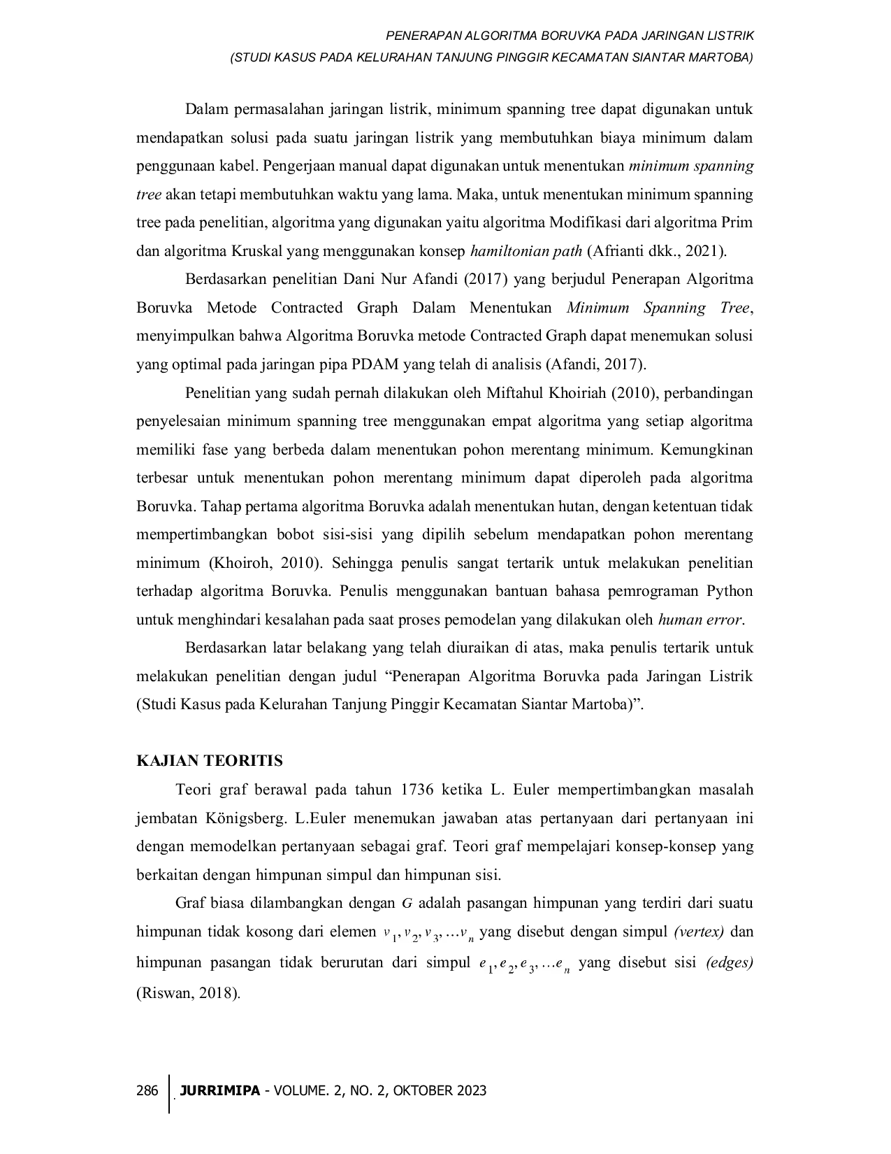 JURIS Penerapan Algoritma Boruvka Pada Jaringan Listrik Studi Kasus Pada Kelurahan Tanjung Pinggir Kecamatan Siantar Martoba