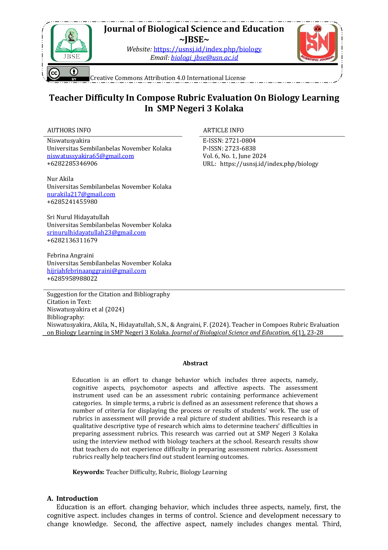 JURIS Teacher Difficulty In Compose Rubric Evaluation On Biology Learning In SMP Negeri 3 Kolaka