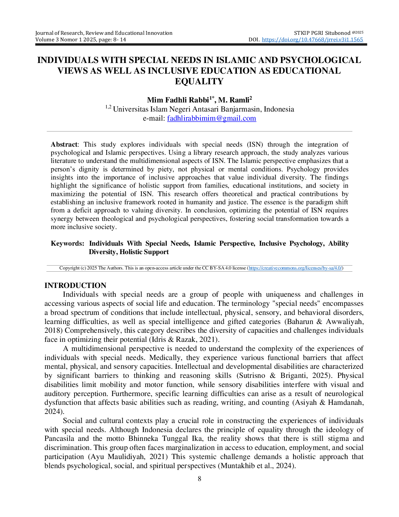 JURIS Individuals With Special Needs In Islamic And Psychological Views As Well As Inclusive Education As Educational Equality