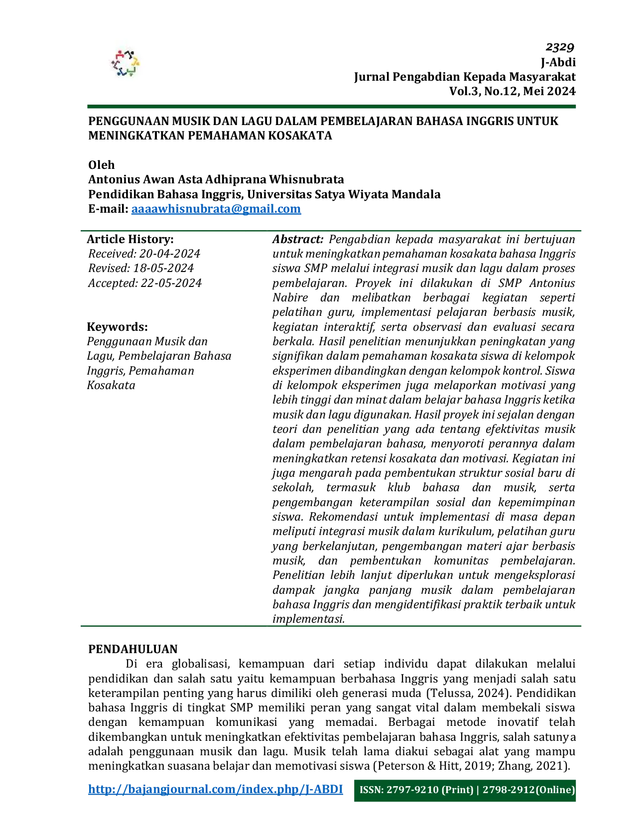 JURIS Penggunaan Musik Dan Lagu Dalam Pembelajaran Bahasa Inggris Untuk Meningkatkan Pemahaman Kosakata