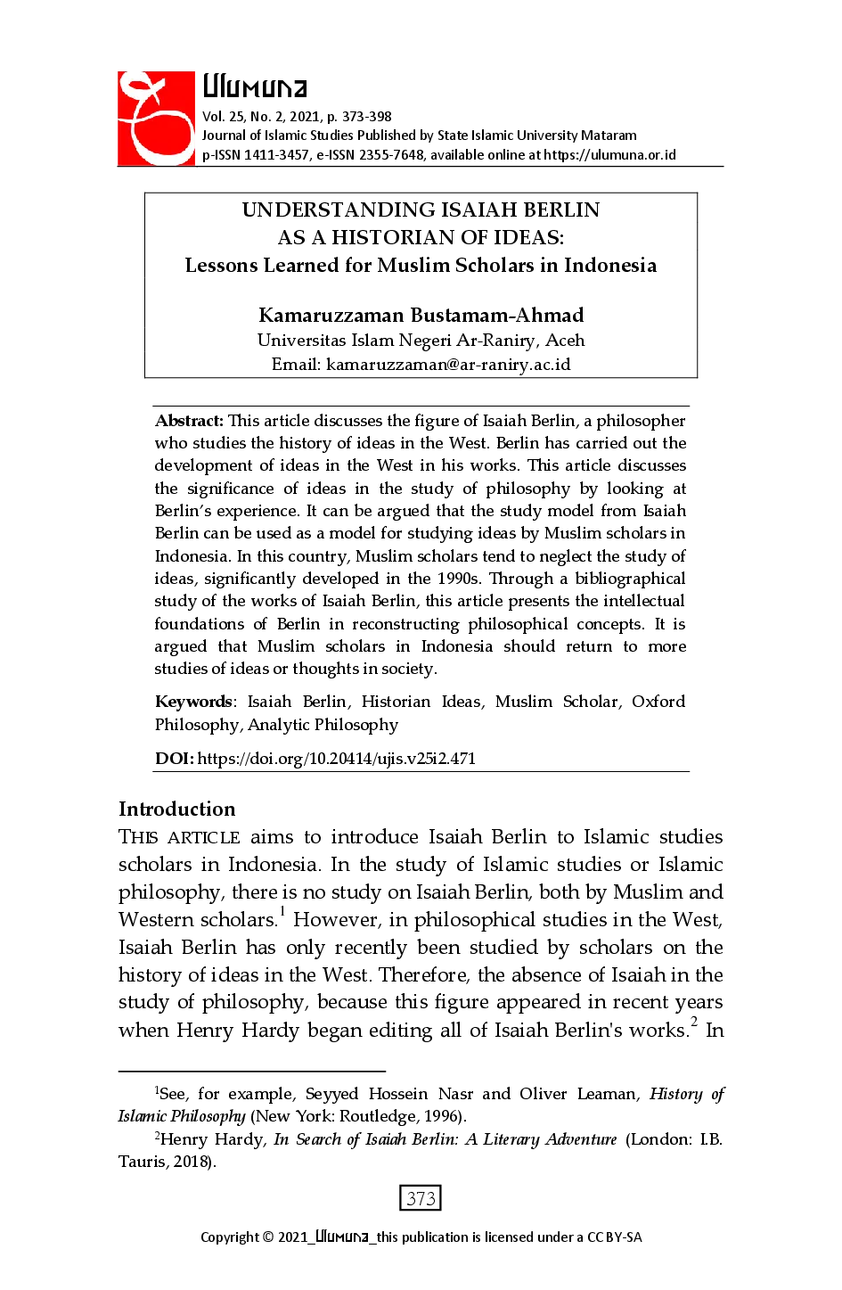 juris Understanding Isaiah Berlin as Historian of Ideas Lessons Learned for Muslim Scholars in Indonesia