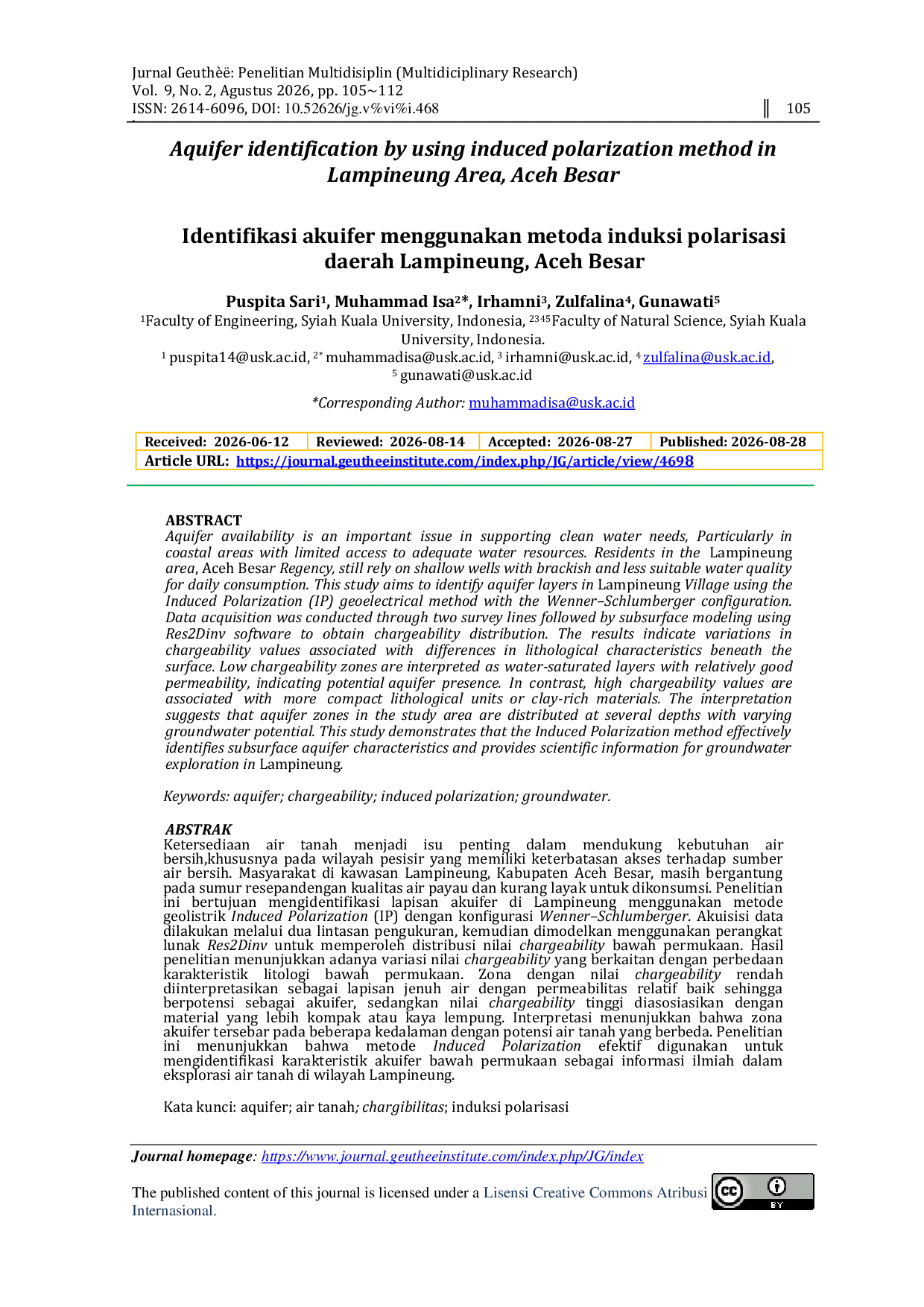 JURIS Aquifer identification by using induced polarization method in Lampineung Area Aceh Besar