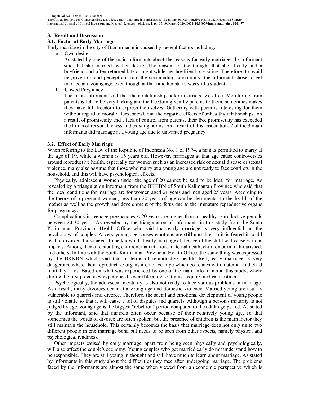 JURIS Early Marriage in Banjarmasin The Impact on Reproductive Health and Prevention Strategy