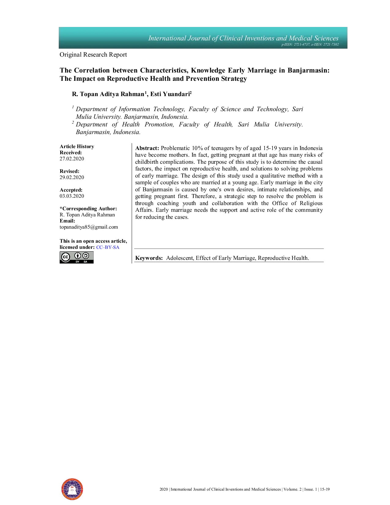 JURIS Early Marriage in Banjarmasin The Impact on Reproductive Health and Prevention Strategy