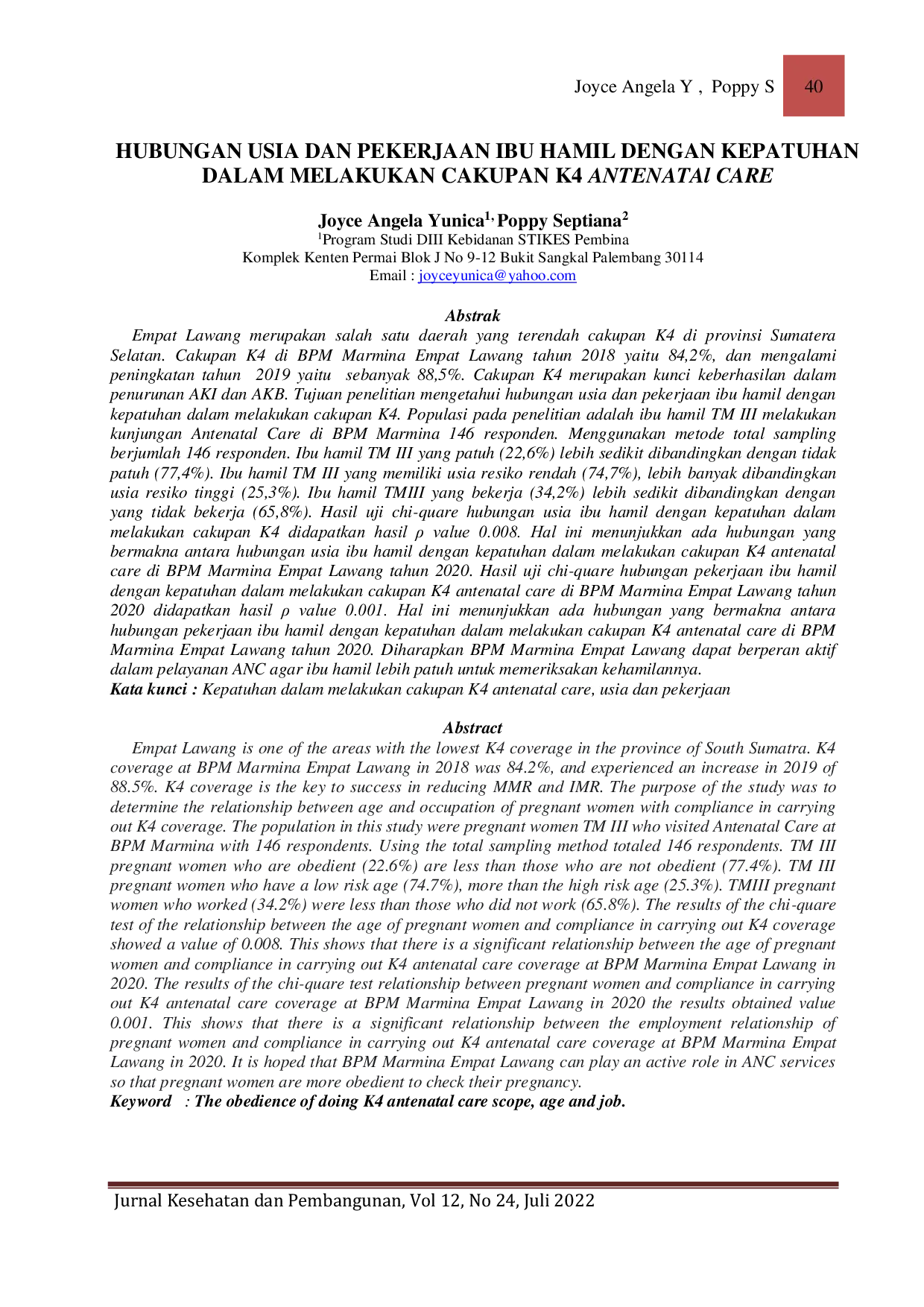 JURIS Hubungan Usia Dan Pekerjaan Ibu Hamil Dengan Kepatuhan Dalam Melakukan Cakupan K4 Antenatal Care