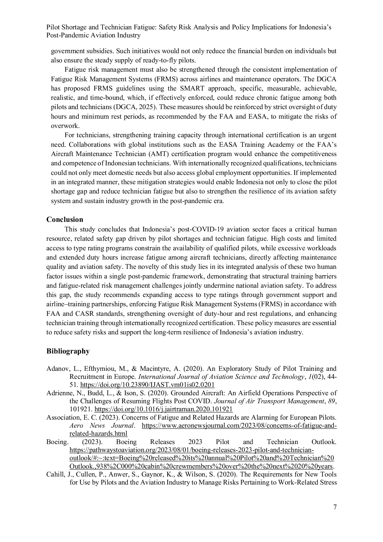 JURIS Pilot Shortage and Technician Fatigue Safety Risk Analysis and Policy Implications for Indonesia s Post Pandemic Aviation Industry