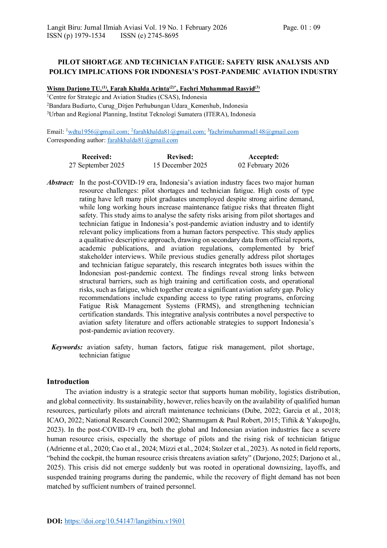 JURIS Pilot Shortage and Technician Fatigue Safety Risk Analysis and Policy Implications for Indonesia s Post Pandemic Aviation Industry