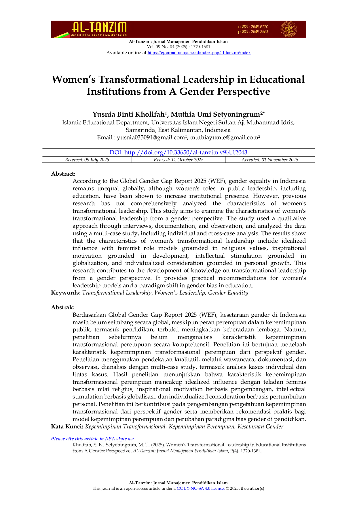JURIS Women s Transformational Leadership in Educational Institutions from A Gender Perspective