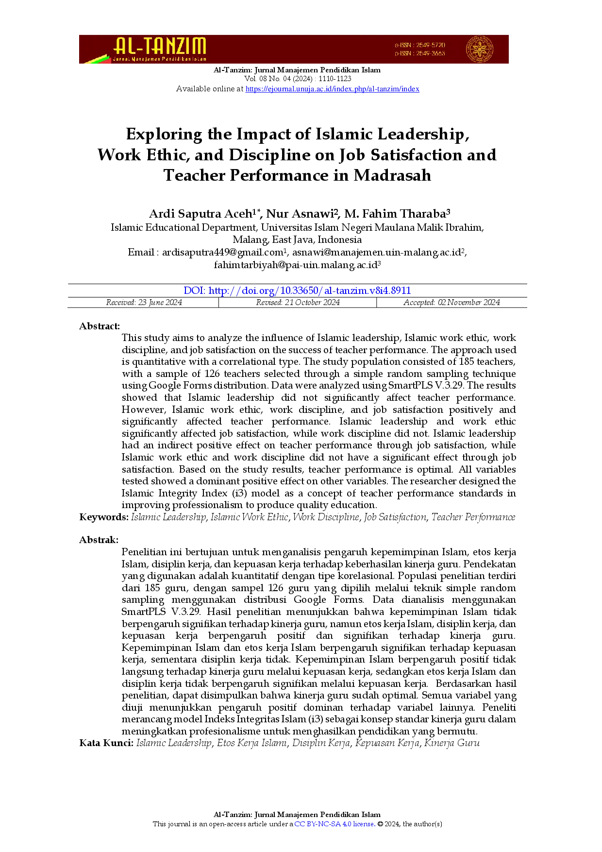 juris Exploring the Impact of Islamic Leadership Work Ethic and Discipline on Job Satisfaction and Teacher Performance in Madrasah