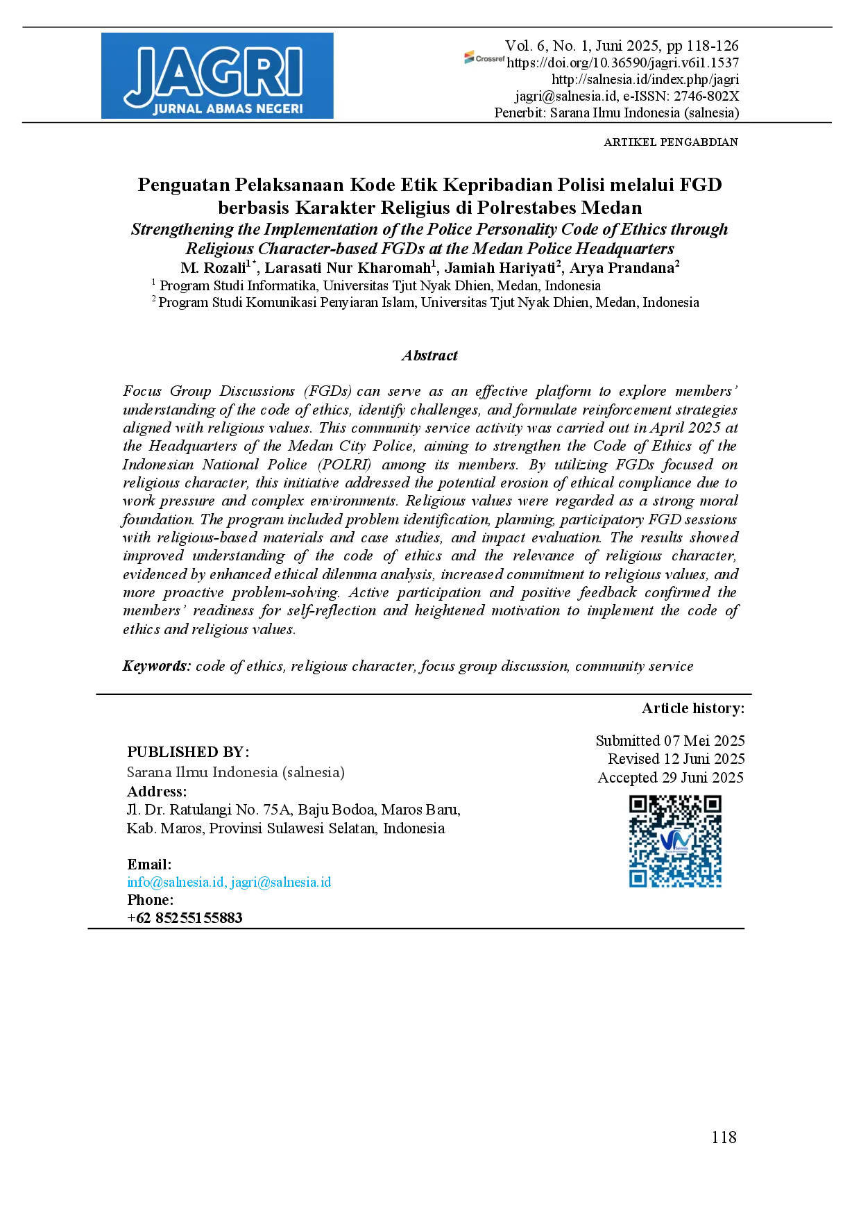 juris Strengthening the Implementation of the Police Personality Code of Ethics through Religious Character based FGDs at the Medan Police Headquarters