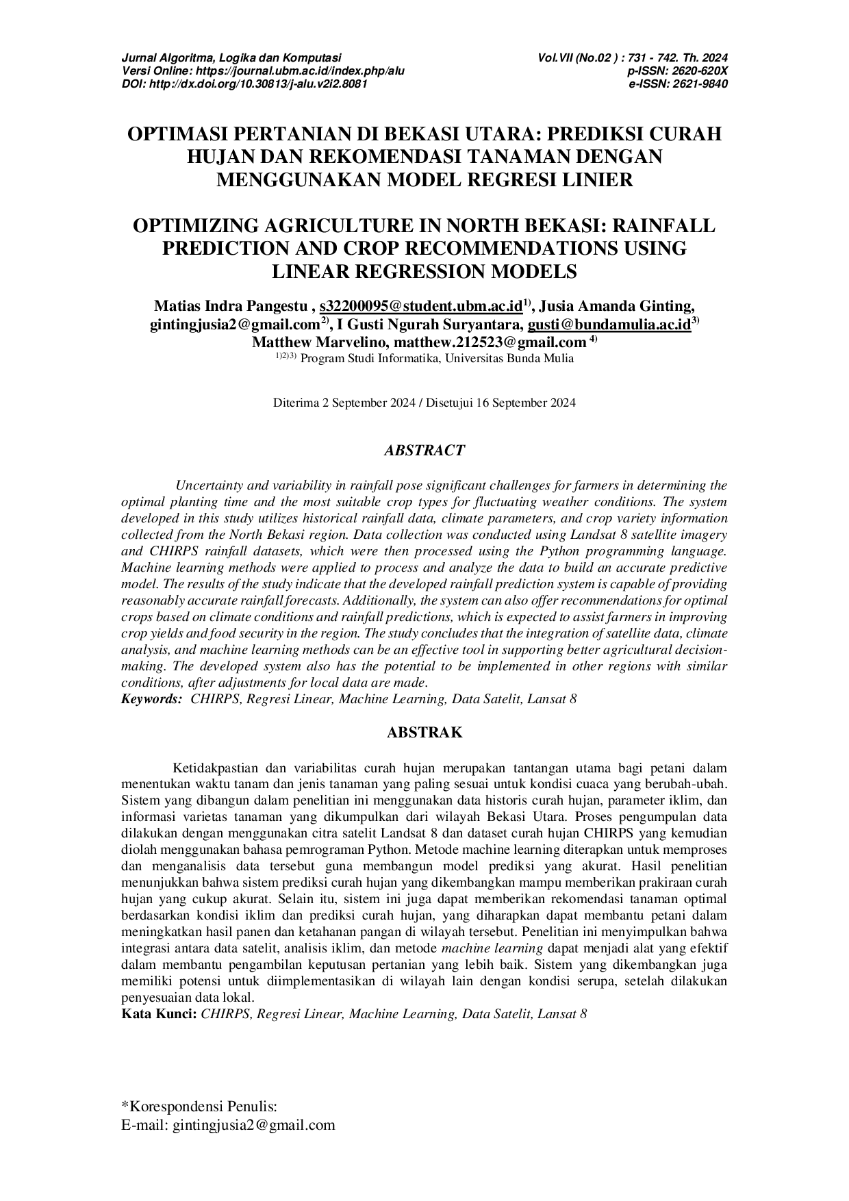 JURIS Optimasi Pertanian Di Bekasi Utara Prediksi Curah Hujan Dan Rekomendasi Tanaman Dengan Menggunakan Model Regresi Linier