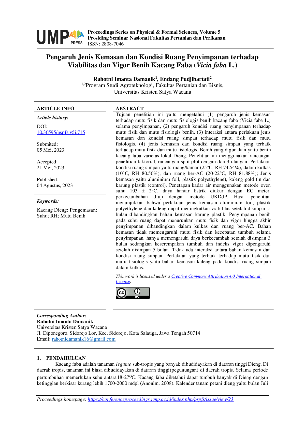 JURIS Pengaruh Jenis Kemasan dan Kondisi Ruang Penyimpanan terhadap Viabilitas dan Vigor Benih Kacang Faba Vicia faba L