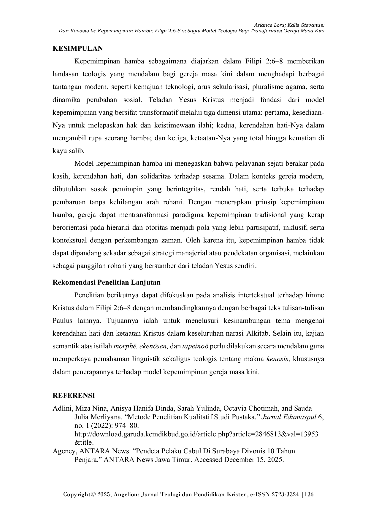 JURIS Dari Kenosis ke Kepemimpinan Hamba Filipi 2 6 8 sebagai Model Teologis Bagi Transformasi Gereja Masa Kini