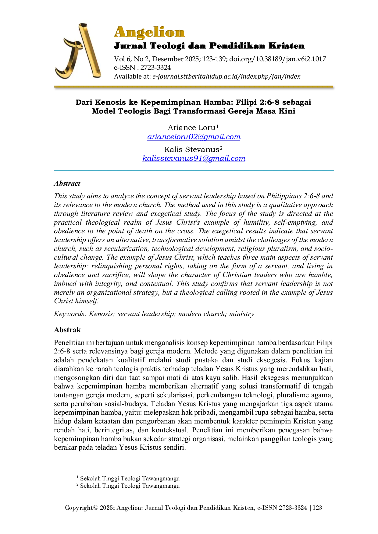 JURIS Dari Kenosis ke Kepemimpinan Hamba Filipi 2 6 8 sebagai Model Teologis Bagi Transformasi Gereja Masa Kini