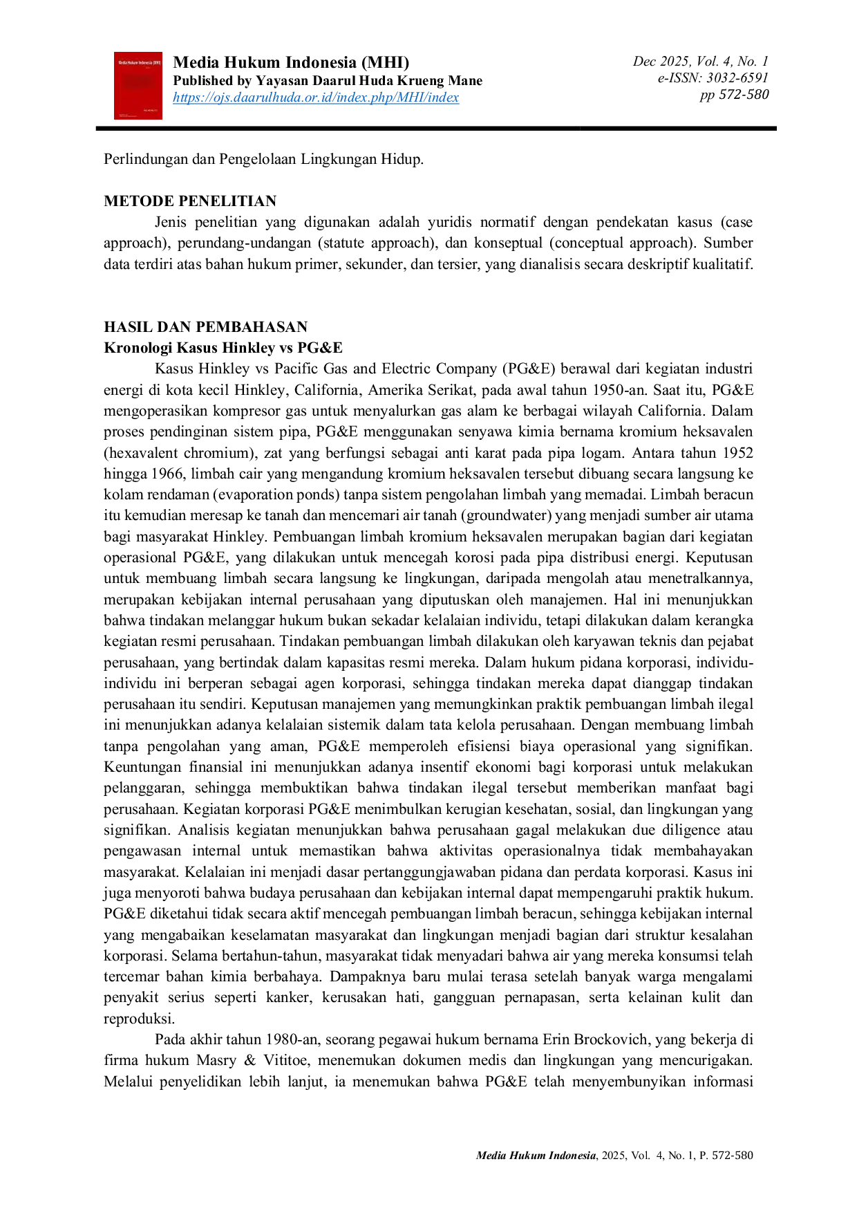 JURIS Pertanggungjawaban Pidana Korporasi terhadap Pencemaran Lingkungan Studi Kasus Masyarakat Hinkley California Melawan Pacific Gas and Electric Company