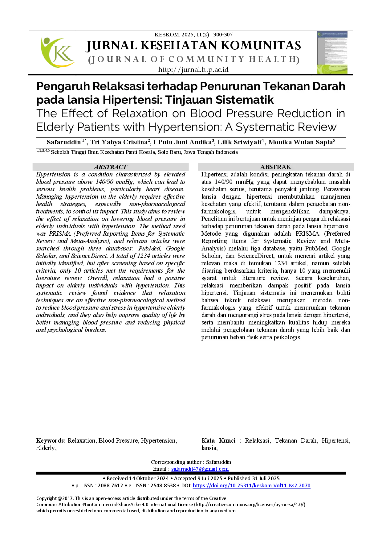 juris Pengaruh Relaksasi Terhadap Penurunan Tekanan Darah Pada Lansia Hipertensi Tinjauan Sistematik