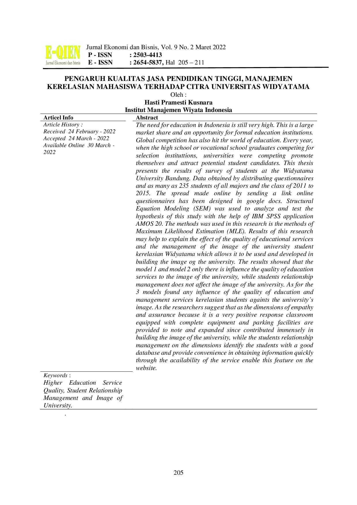 JURIS Pengaruh Kualitas Jasa Pendidikan Tinggi Manajemen Kerelasian Mahasiswa Terhadap Citra Universitas Widyatama