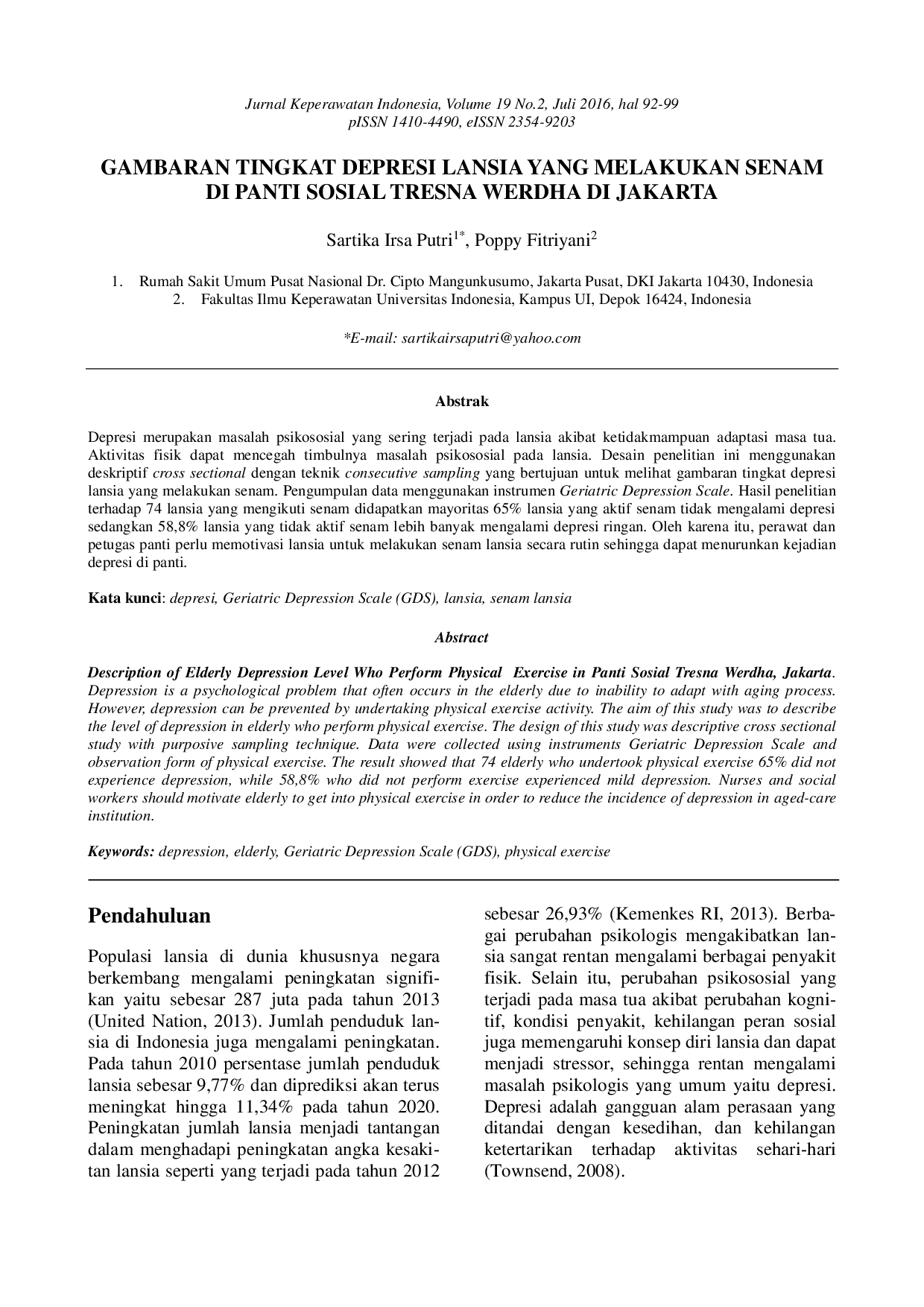 juris Gambaran Tingkat Depresi Lansia yang Melakukan Senam Di Panti Sosial Tresna Werdha di Jakarta