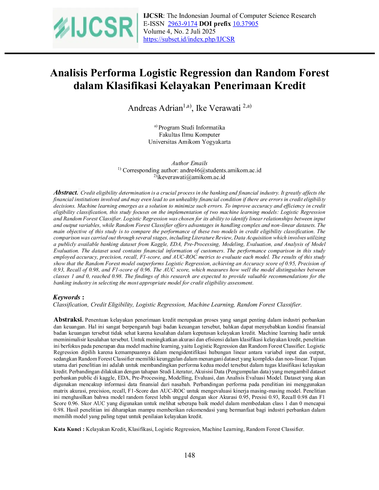 JURIS Analisis Performa Logistic Regression dan Random Forest dalam Klasifikasi Kelayakan Penerimaan Kredit