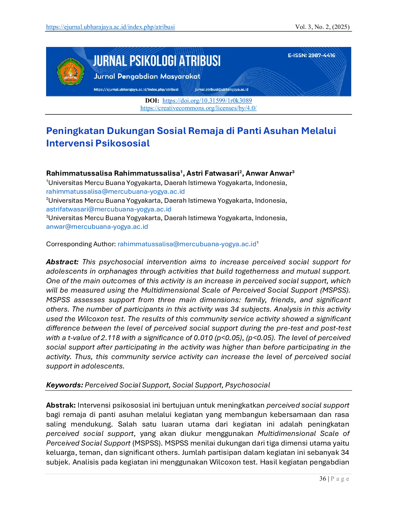 JURIS Peningkatan Dukungan Sosial Remaja Di Panti Asuhan Melalui Intervensi Psikososial
