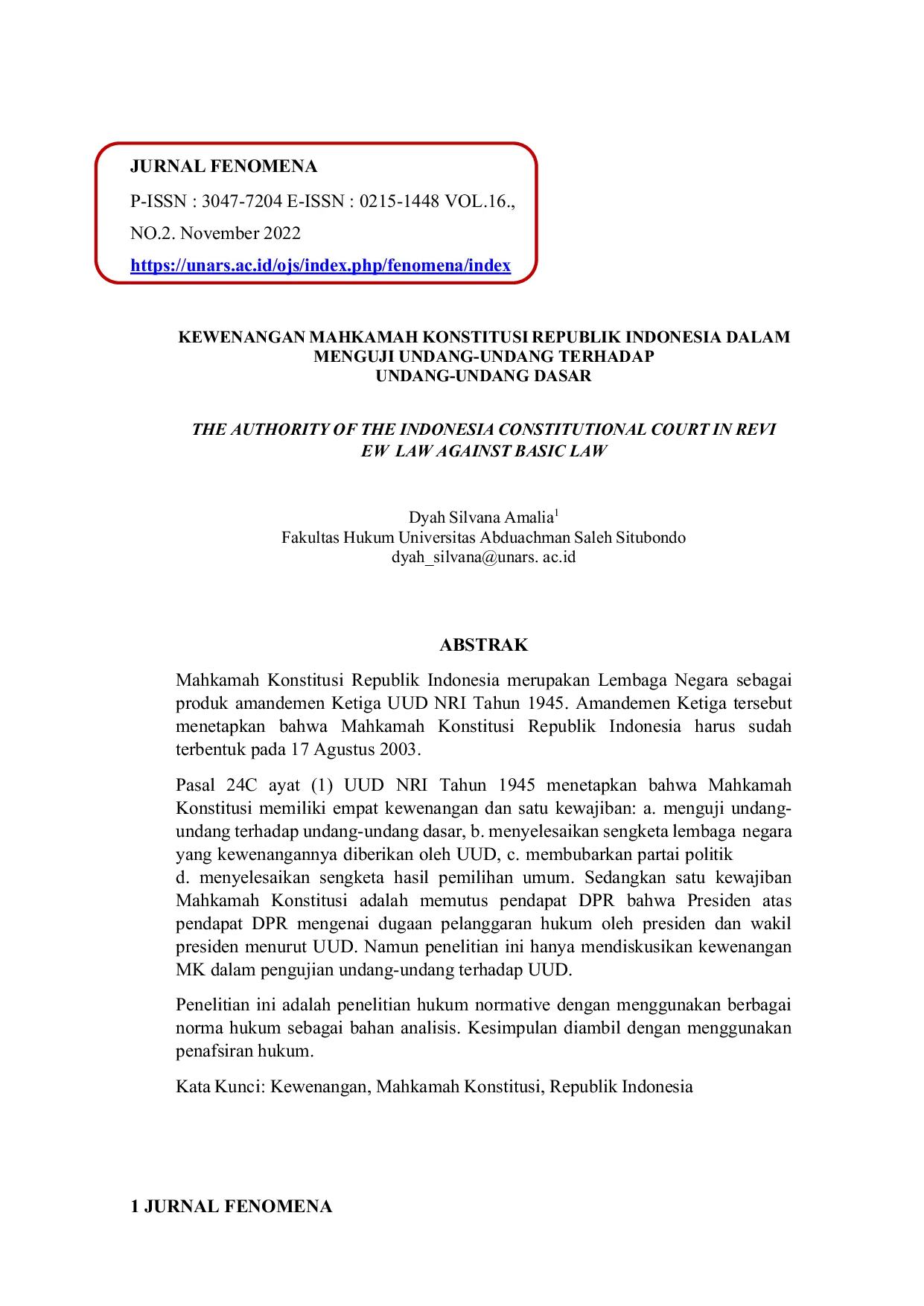 JURIS Kewenangan Mahkamah Konstitusi Republik Indonesia dalam Menguji Undang Undang Terhadap Undang Undang Dasar