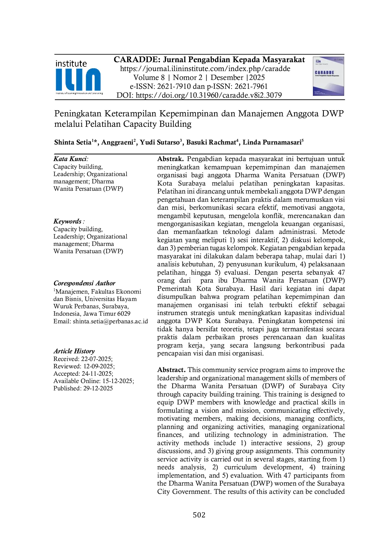 JURIS Peningkatan Keterampilan Kepemimpinan dan Manajemen Anggota DWP melalui Pelatihan Capacity Building