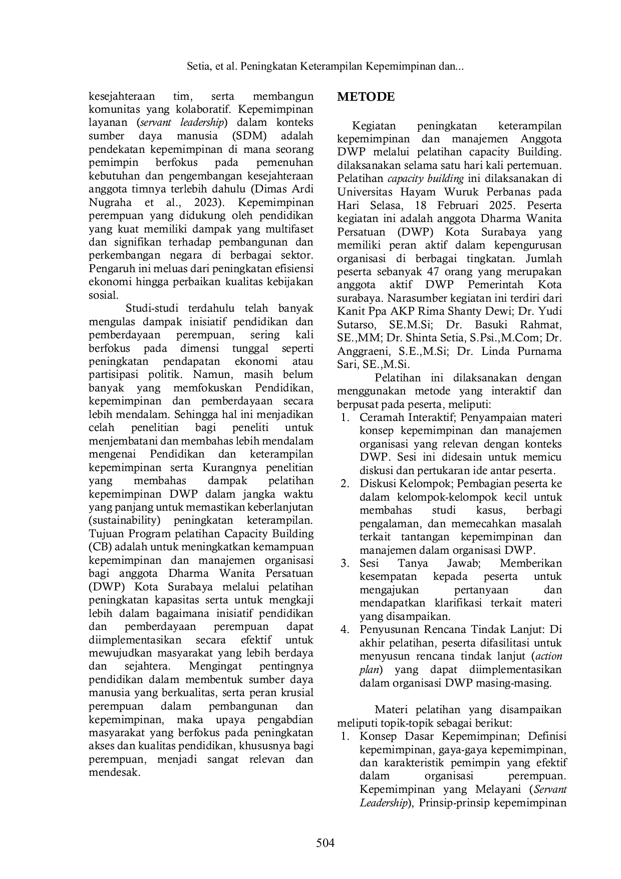 JURIS Peningkatan Keterampilan Kepemimpinan dan Manajemen Anggota DWP melalui Pelatihan Capacity Building