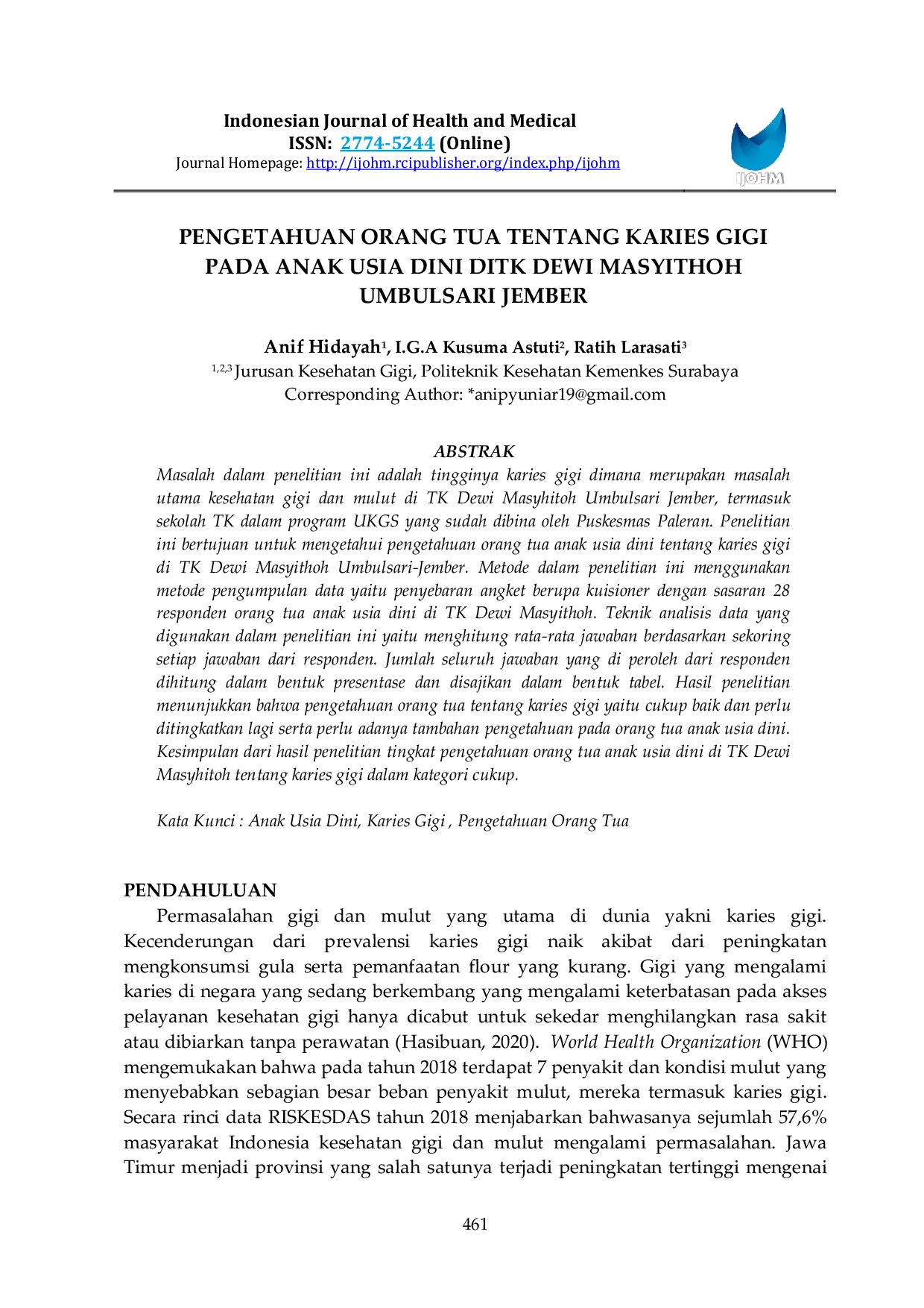 JURIS Pengetahuan Orang Tua Tentang Karies Gigi