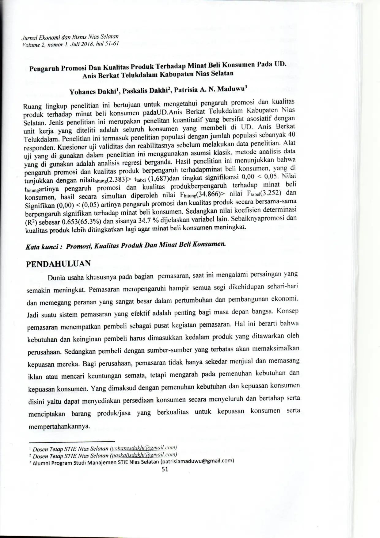 JURIS Yohanes Dakhi Pengaruh Promosi Dan Kualitas Produk Terhadap Minat Beli Konsumen Pada UD Anis Berkat Telukdalam Kabupaten Nias Selatan