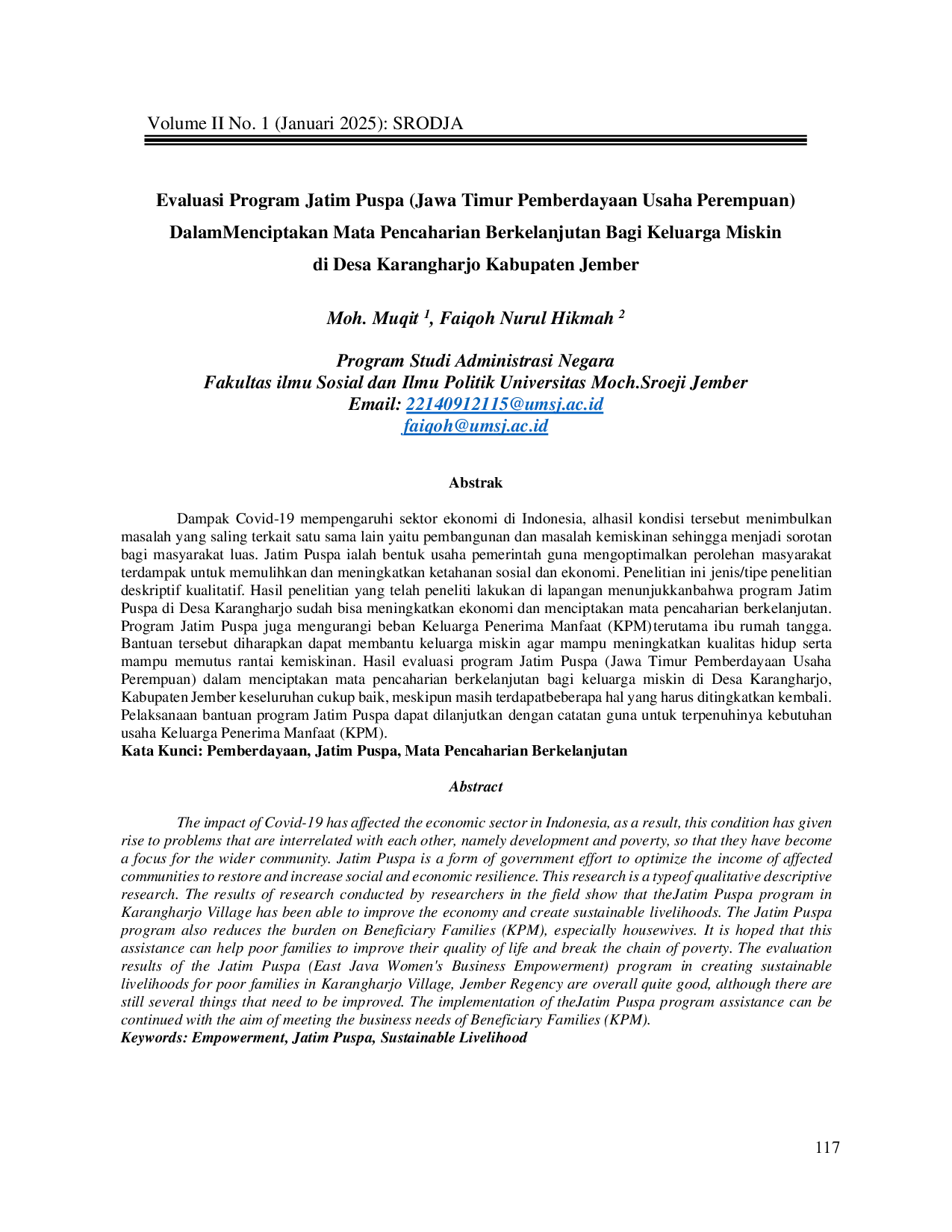 JURIS Evaluasi Program Jatim Puspa Jawa Timur Pemberdayaan Usaha Perempuan Dalam Menciptakan Mata Pencaharian Berkelanjutan Bagi Keluarga Miskin di Desa Karangharjo Kabupaten Jember