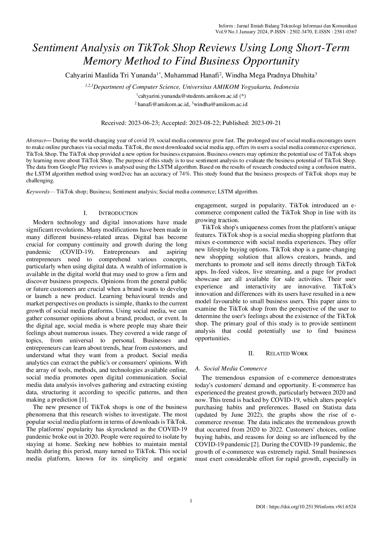 JURIS Sentiment Analysis on TikTok Shop Reviews Using Long Short Term Memory Method to Find Business Opportunity