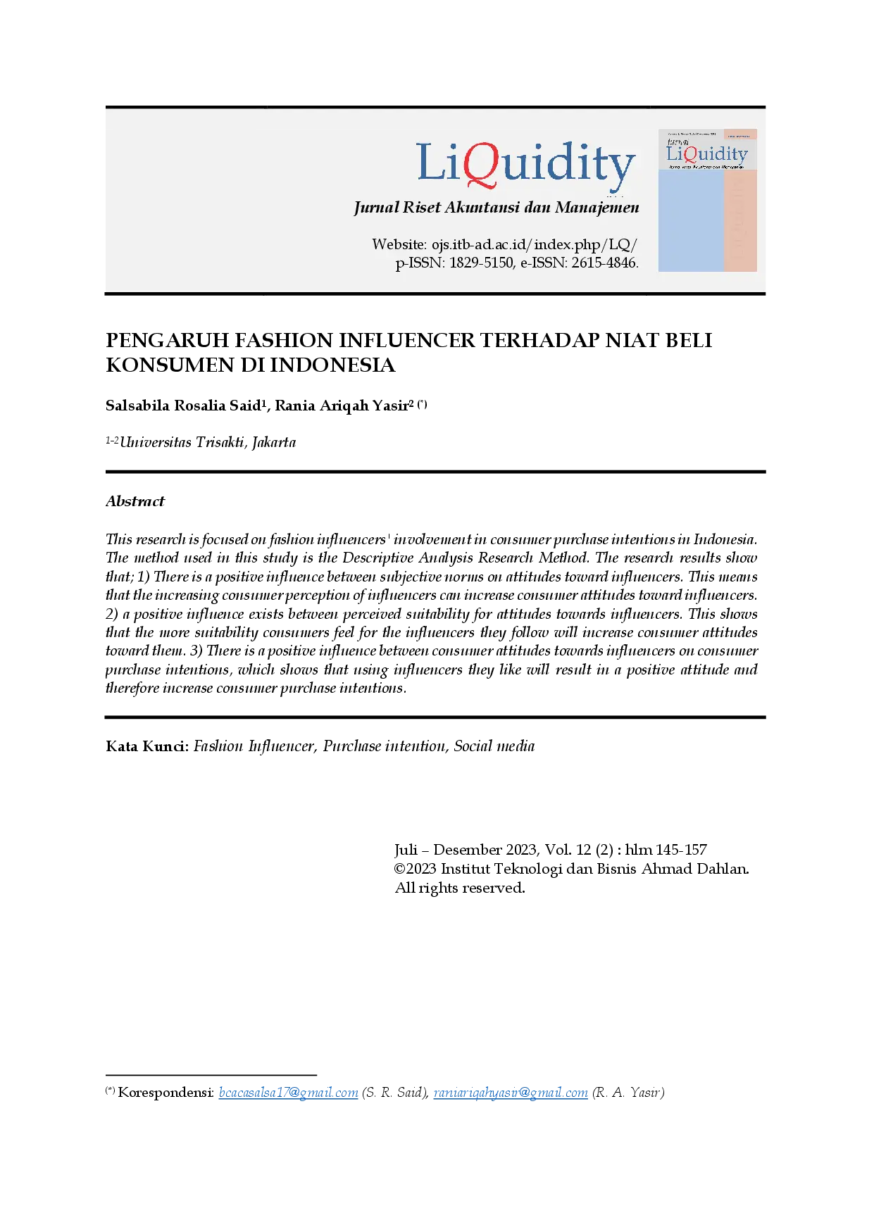 juris Pengaruh Fashion Influencer Terhadap Niat Beli Konsumen di Indonesia