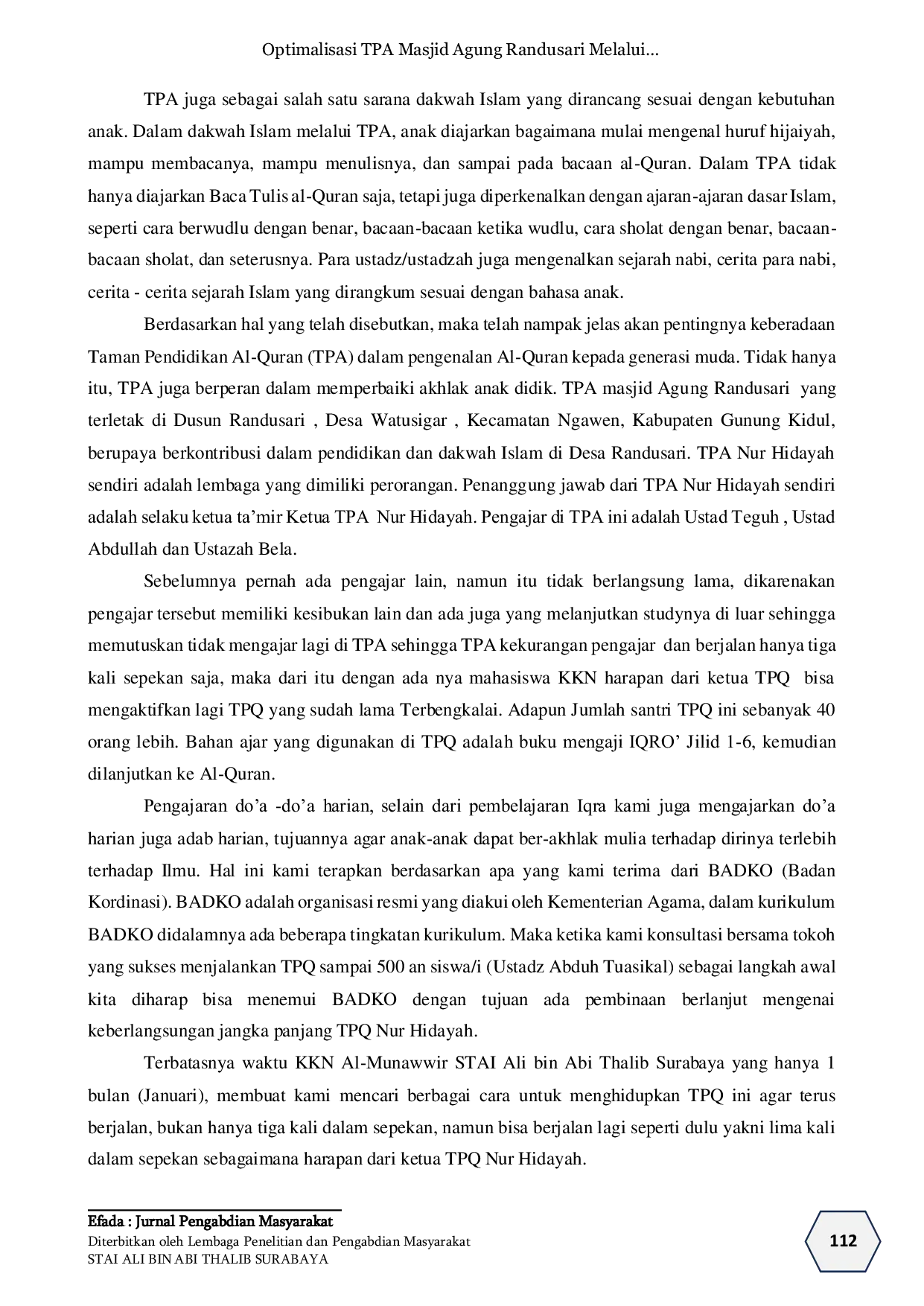 JURIS Optimalisasi TPA Masjid Agung Randusari Melalui Mahasiswa KKN STAI Ali Bin Abi Thalib Di Dusun Randusari