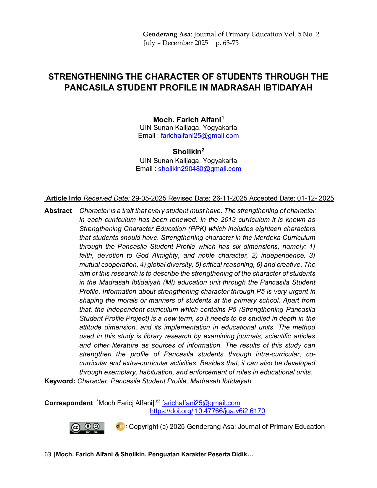 JURIS Strengthening The Character Of Students Through The Pancasila Student Profile In Madrasah Ibtidaiyah