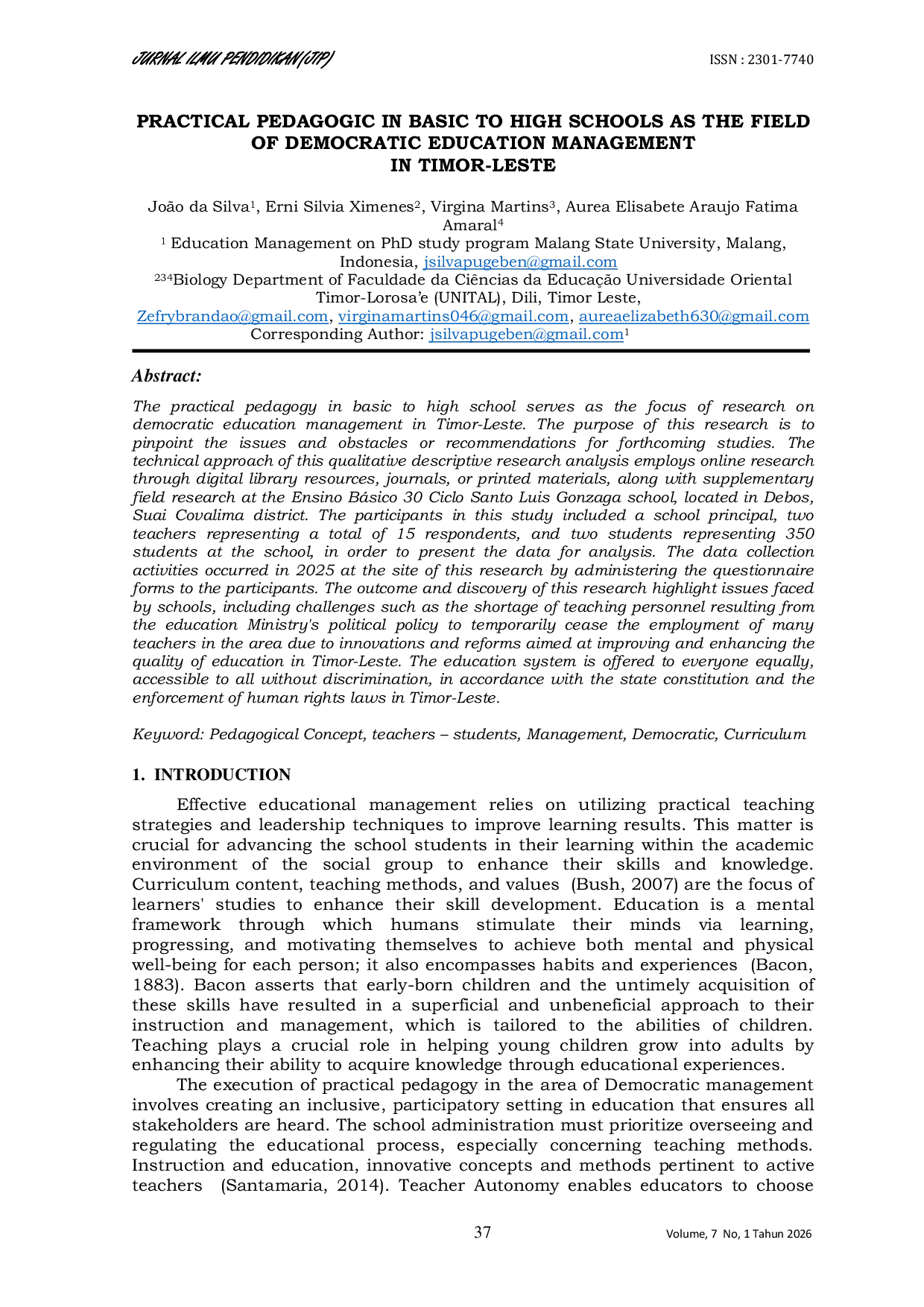 JURIS Practical Pedagogic In Basic To High Schools As The Field Of Democratic Education Management In Timor Leste