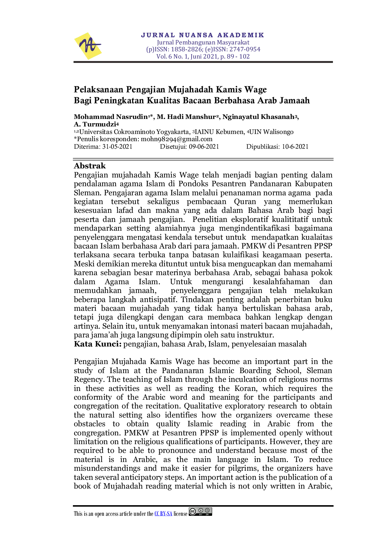 JURIS Pelaksanaan Pengajian Mujahadah Kamis Wage Bagi Peningkatan Kualitas Bacaan Berbahasa Arab Jamaah