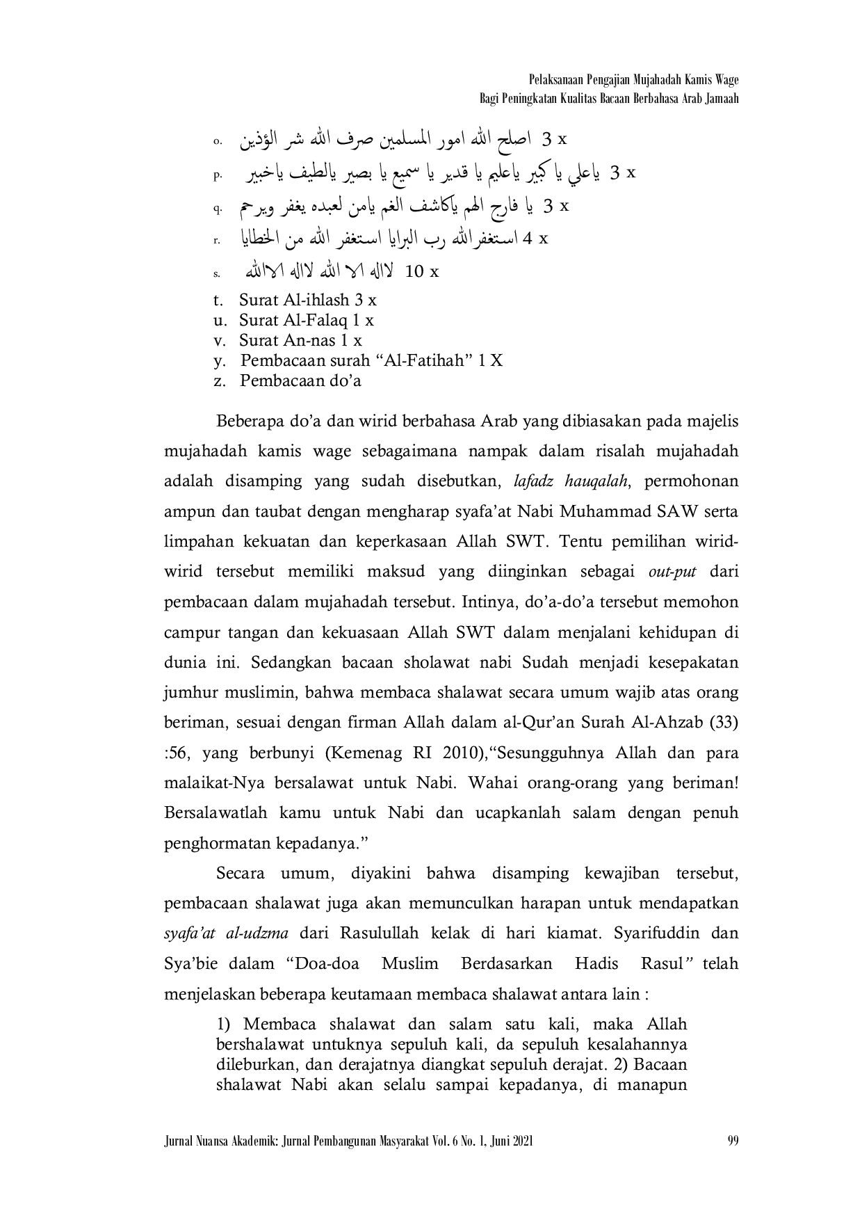 JURIS Pelaksanaan Pengajian Mujahadah Kamis Wage Bagi Peningkatan Kualitas Bacaan Berbahasa Arab Jamaah