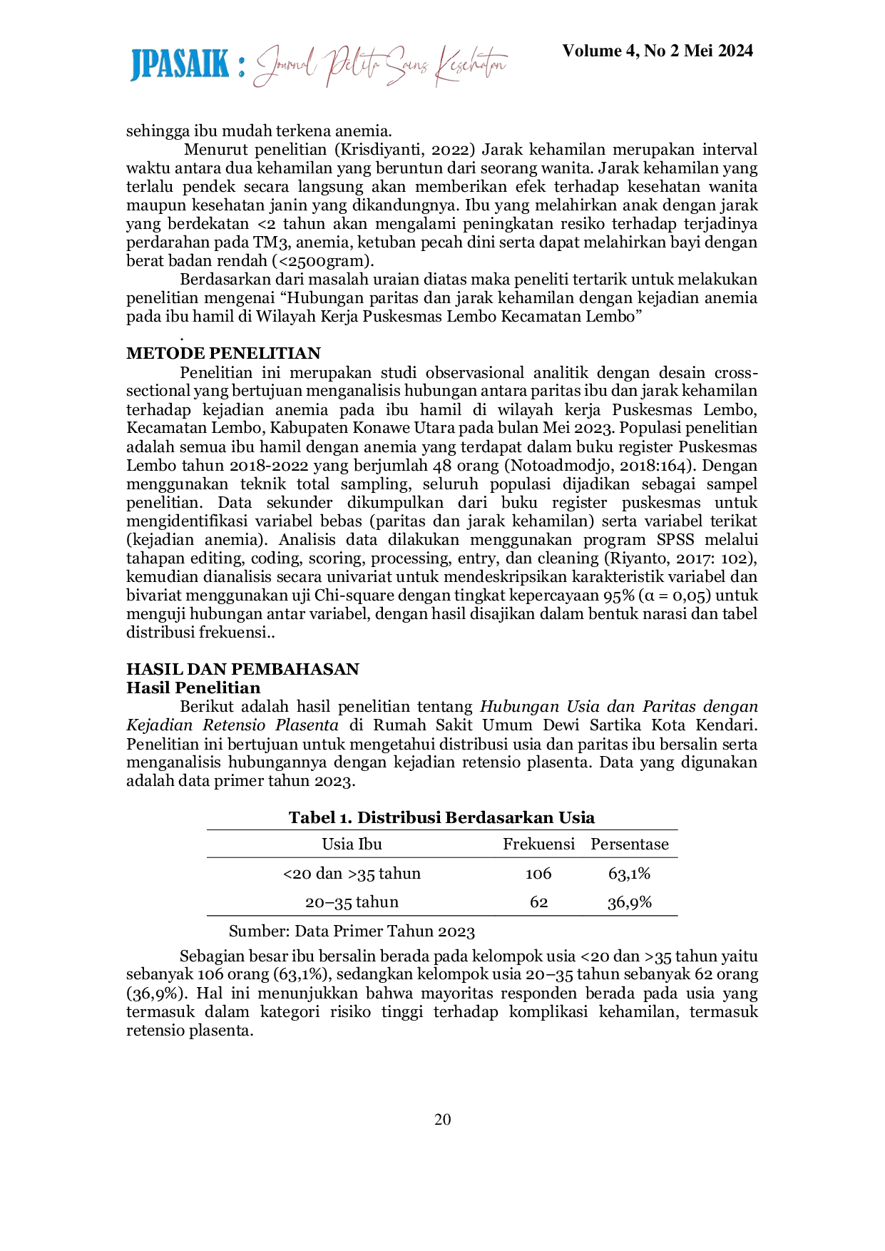 JURIS Hubungan Paritas Dan Jarak Kehamilan Dengan Kejadian Anemia Pada Ibu Hamil Di Wilayah Kerja Puskesmas Lembo Kecamatan Lembo Kabupaten Konawe Utara