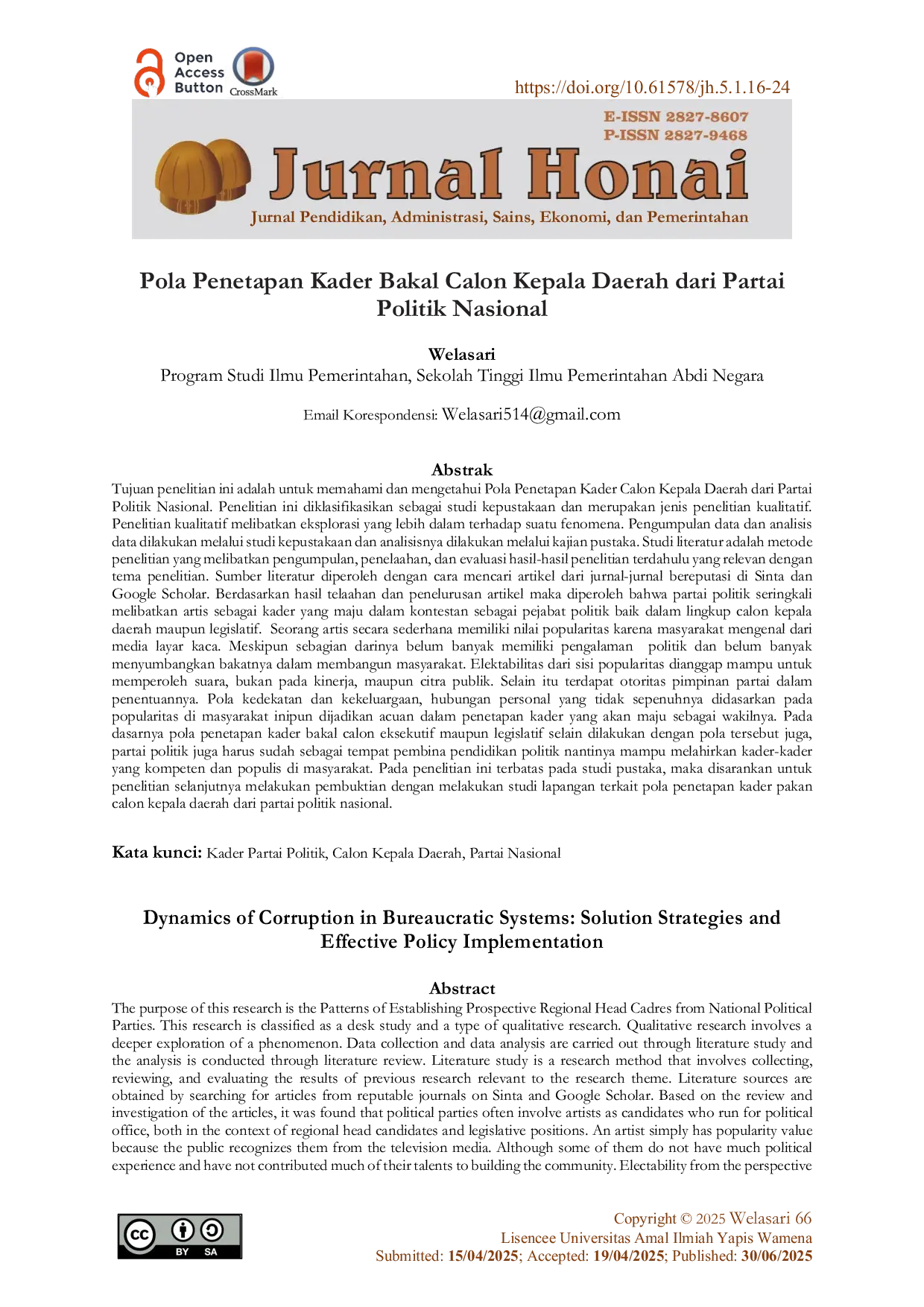 JURIS Pola Penetapan Kader Bakal Calon Kepala Daerah Dari Partai Politik Nasional