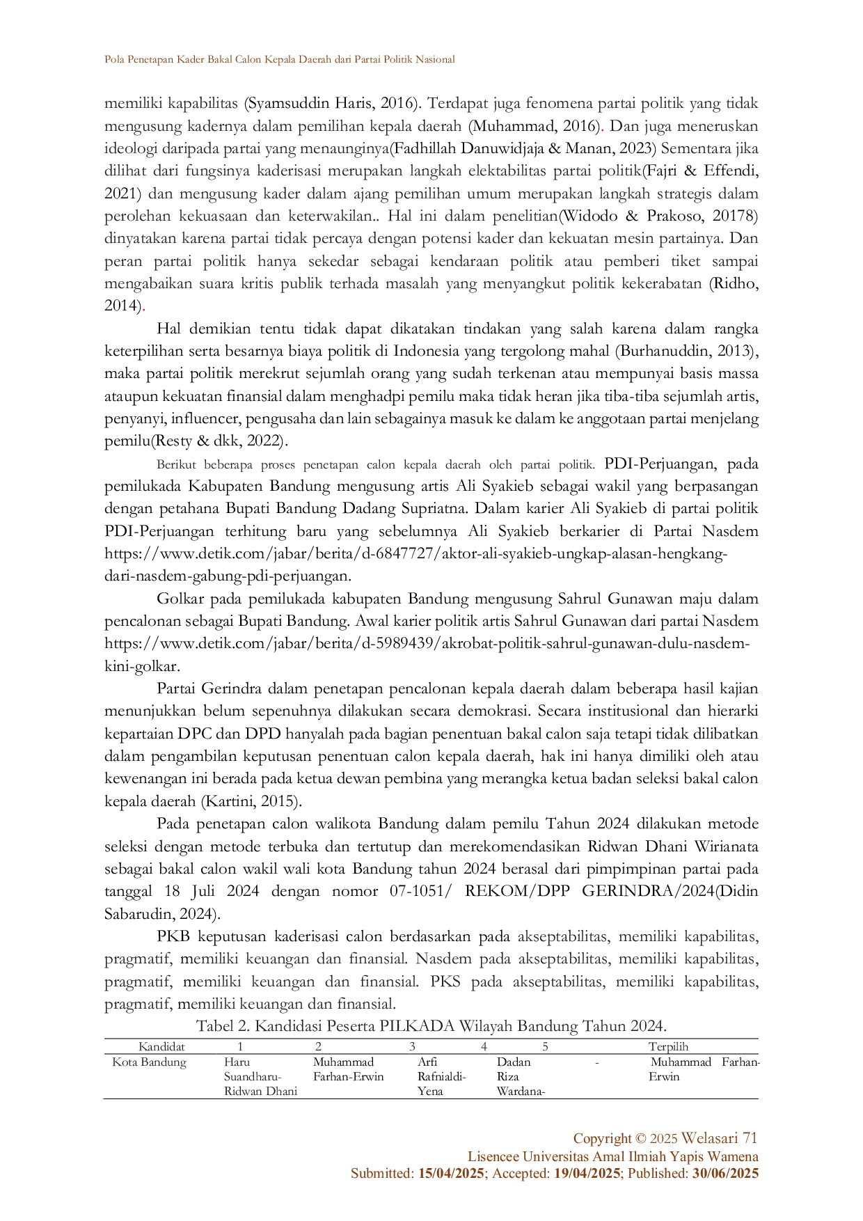 JURIS Pola Penetapan Kader Bakal Calon Kepala Daerah Dari Partai Politik Nasional