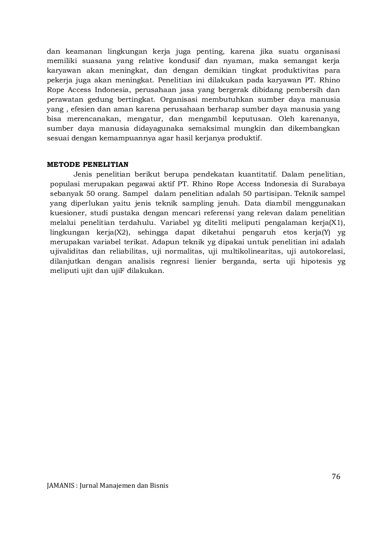 JURIS Pengaruh Pengalaman Kerja dan Lingkungan Kerja Terhadap Etos Kerja Karyawan Pada PT Rhino Rope Access Indonesia di Surabaya