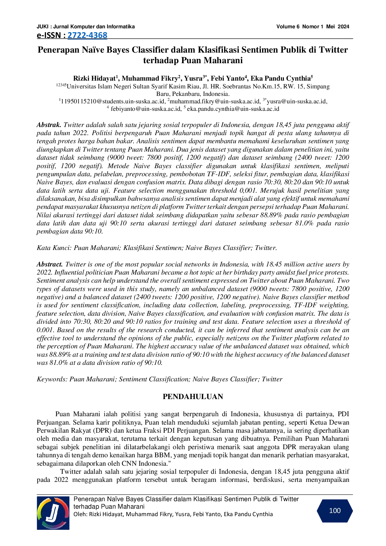 JURIS Penerapan Na ve Bayes Classifier dalam Klasifikasi Sentimen Publik di Twitter terhadap Puan Maharani
