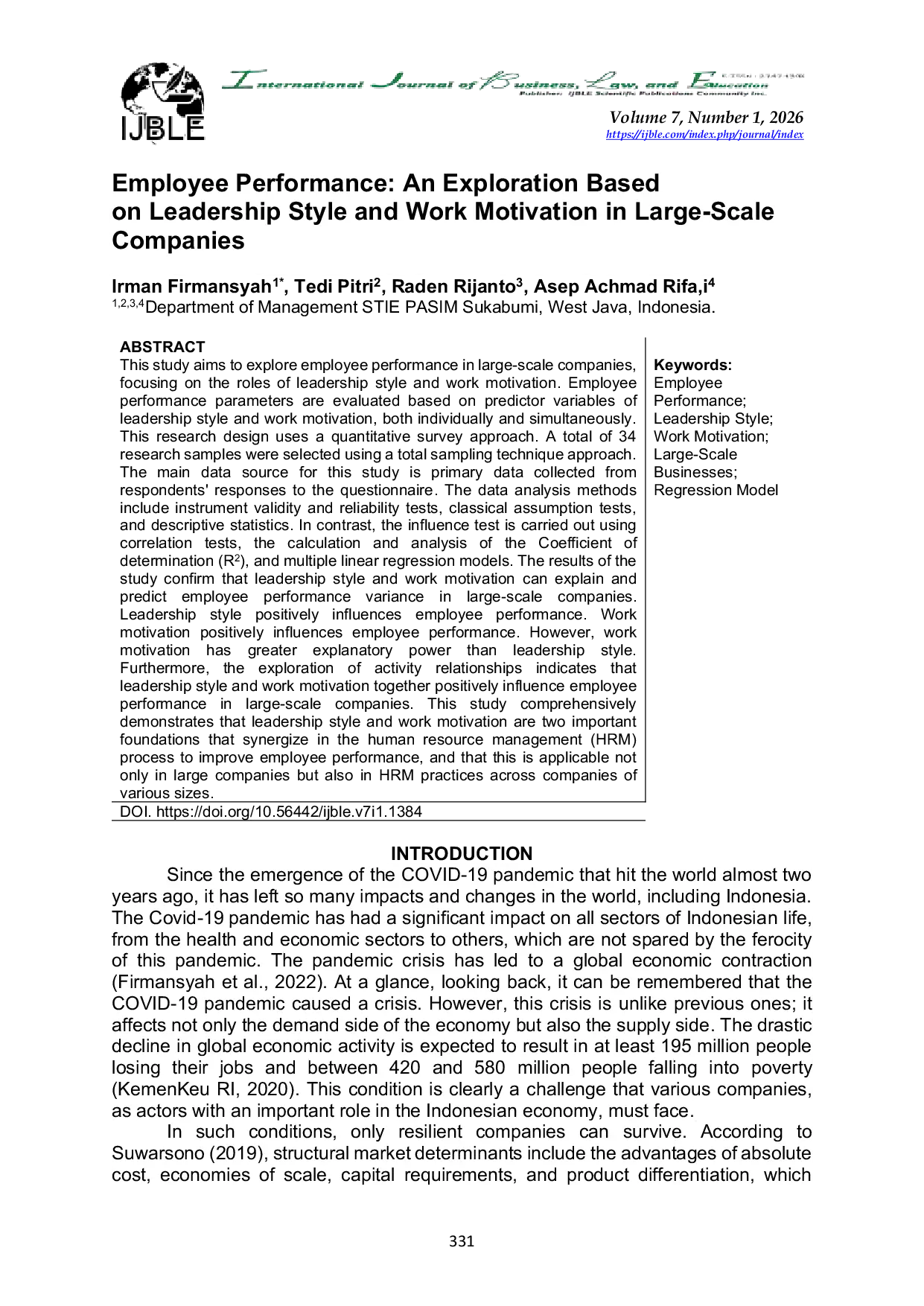 JURIS Employee Performance An Exploration Based on Leadership Style and Work Motivation in Large Scale Companies