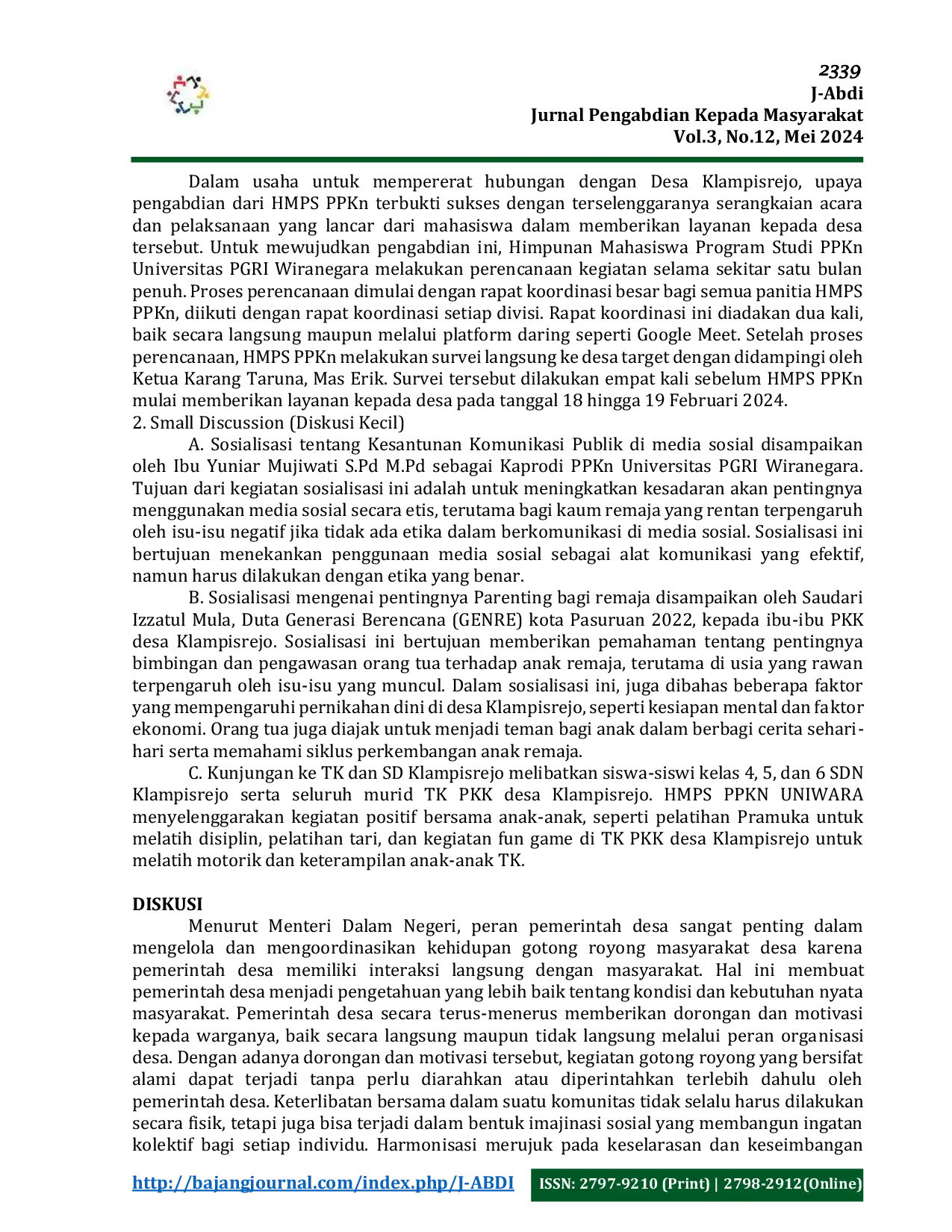 JURIS Peran Generasi Remaja Dalam Perwujudan Desa Harmoni Desa Sejahtera Studi Masyarakat Di Desa Klampisrejo Kabupaten Pasuruan