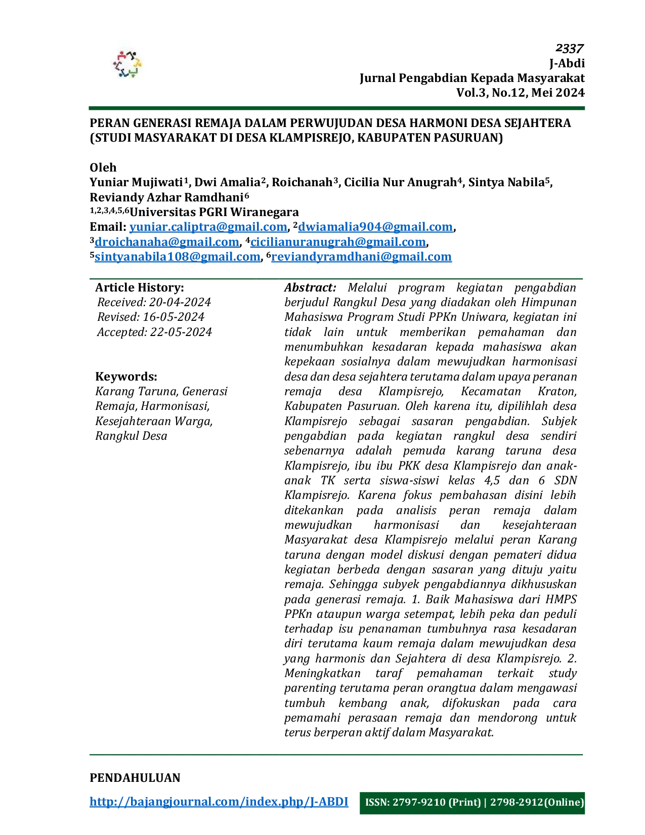 JURIS Peran Generasi Remaja Dalam Perwujudan Desa Harmoni Desa Sejahtera Studi Masyarakat Di Desa Klampisrejo Kabupaten Pasuruan