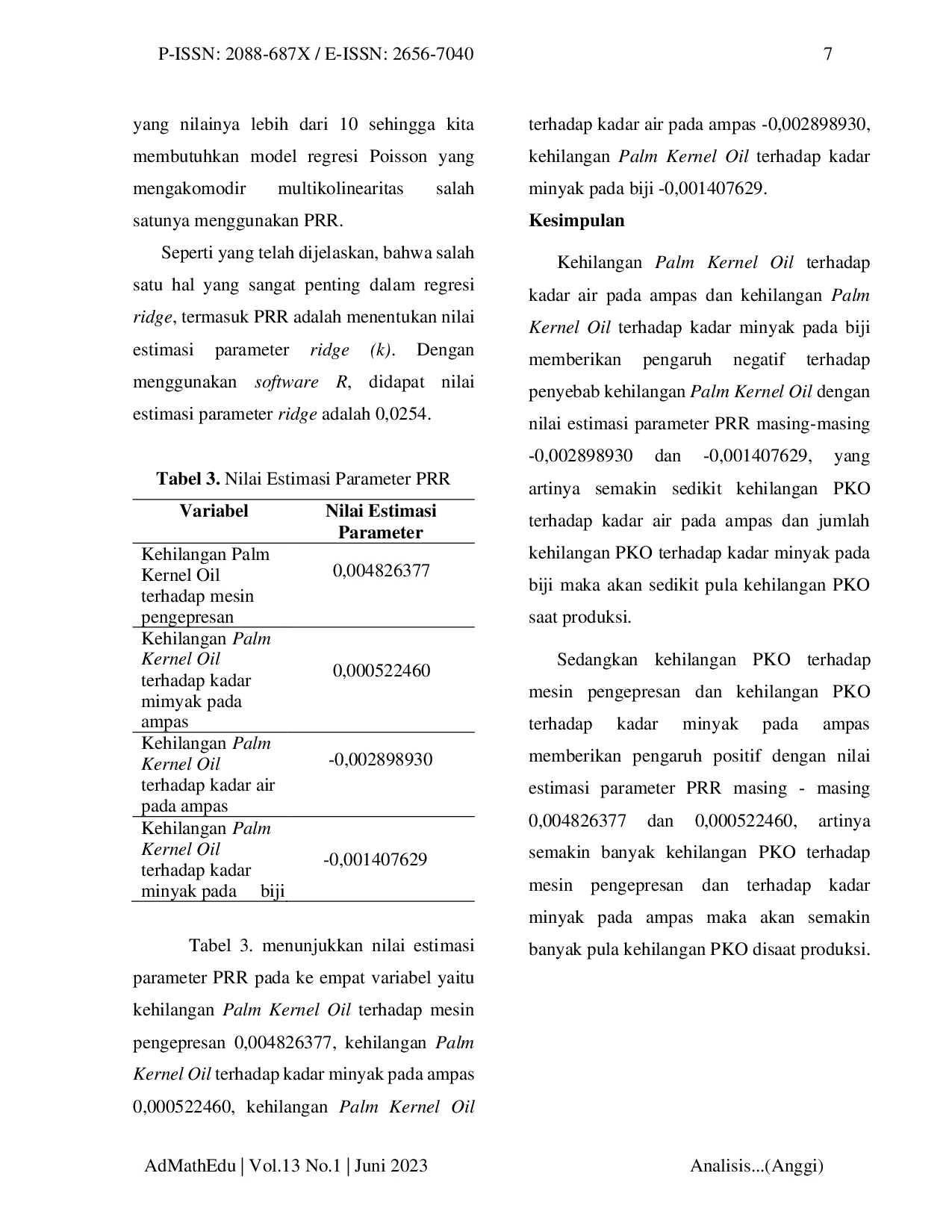 JURIS ANALISIS PENYEBAB KEHILANGAN PALM KERNEL OIL PKO MENGGUNAKAN POISSON RIDGE REGRESSION PRR