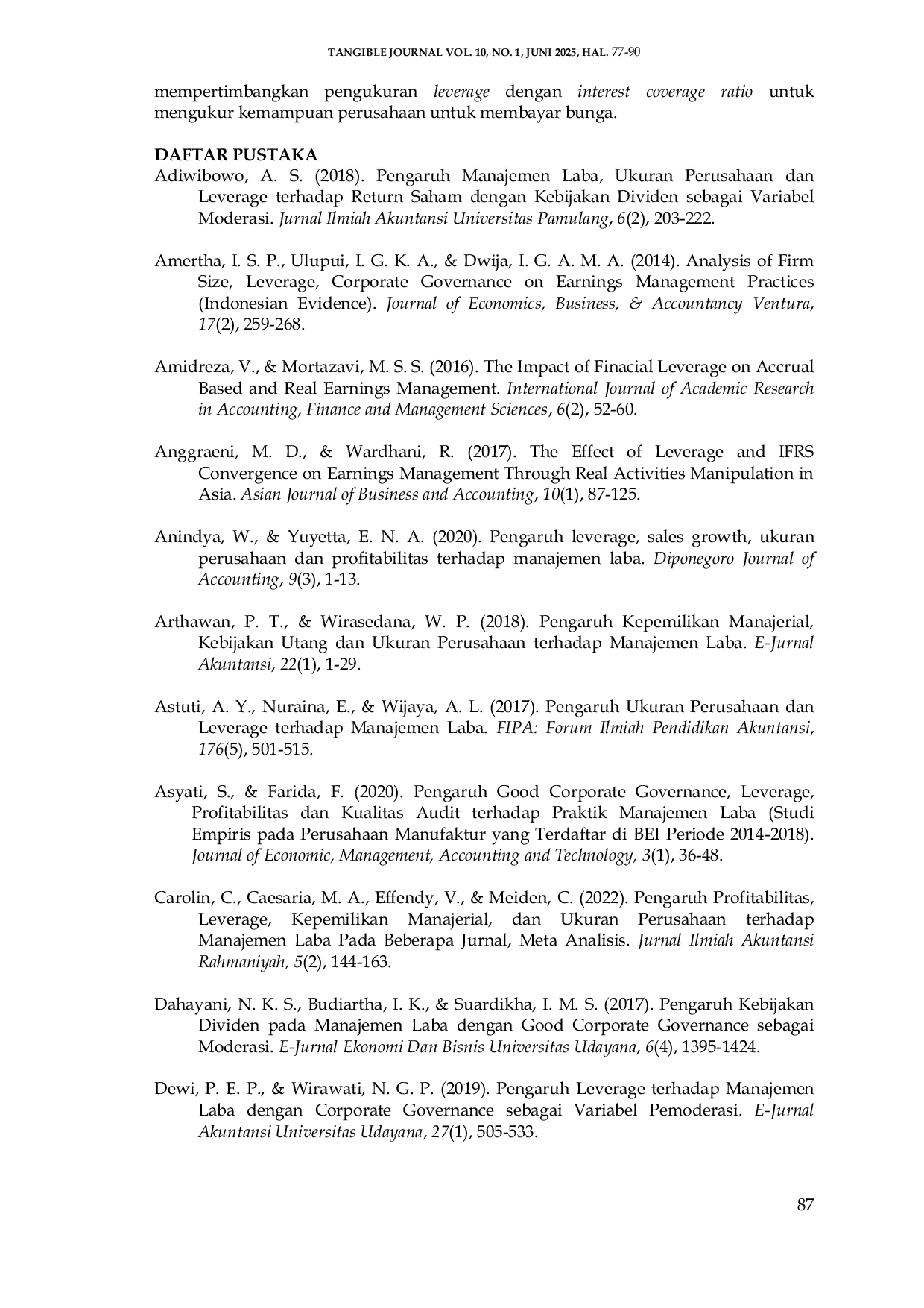 JURIS Pengaruh Kebijakan Dividen Leverage dan Ukuran Perusahaan terhadap Manajemen Laba