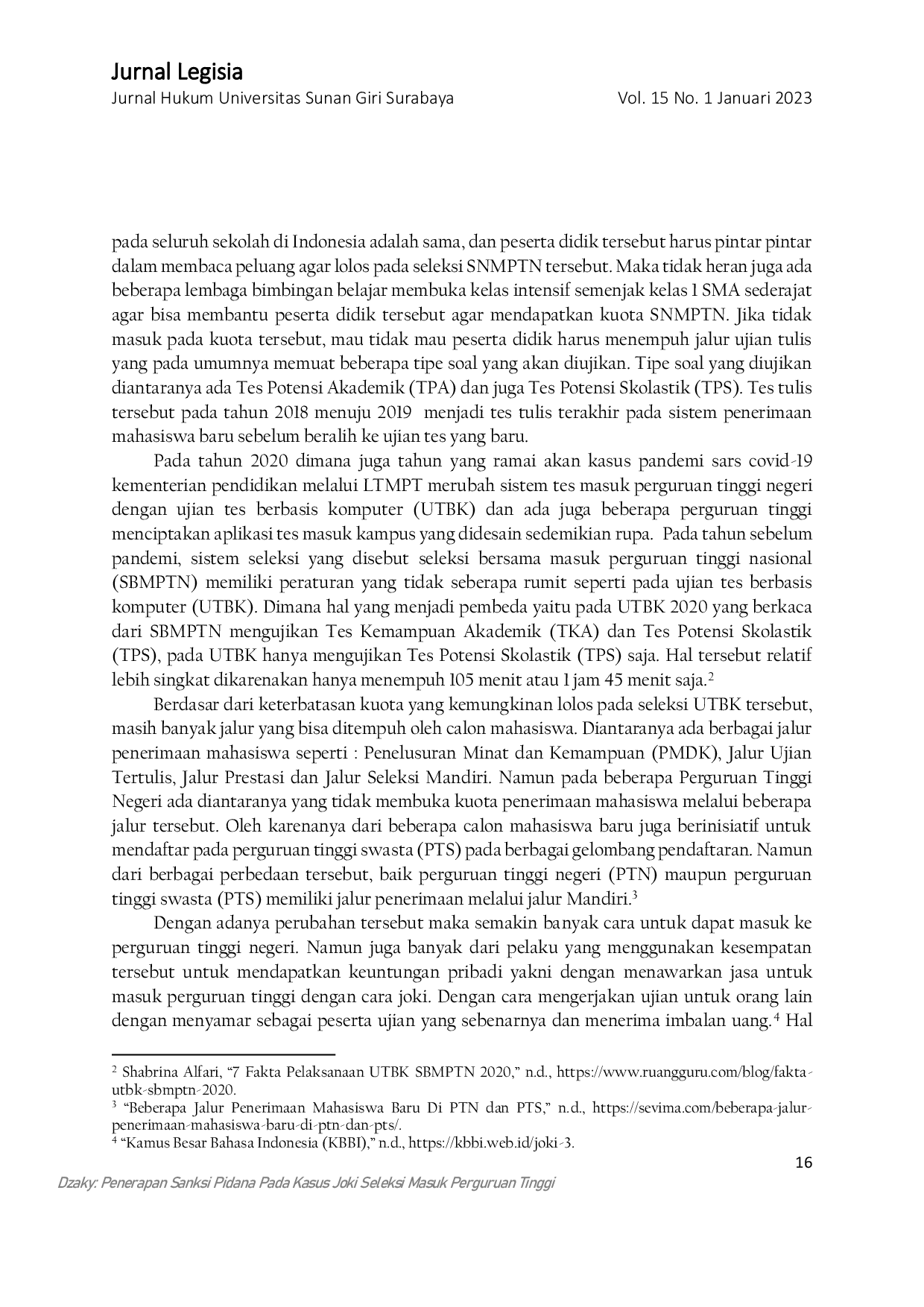 JURIS Penerapan Sanksi Pidana Pada Kasus Joki Seleksi Masuk Perguruan Tinggi