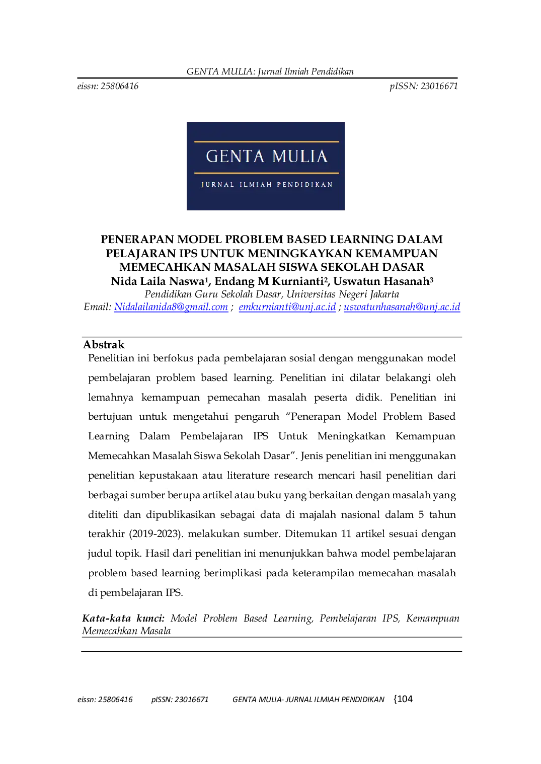 JURIS Penerapan Model Problem Based Learning Dalam Pembelajaran IPS Untuk Meningkatkan Kemampuan Memecahkan Masalah Siswa Sekolah Dasar