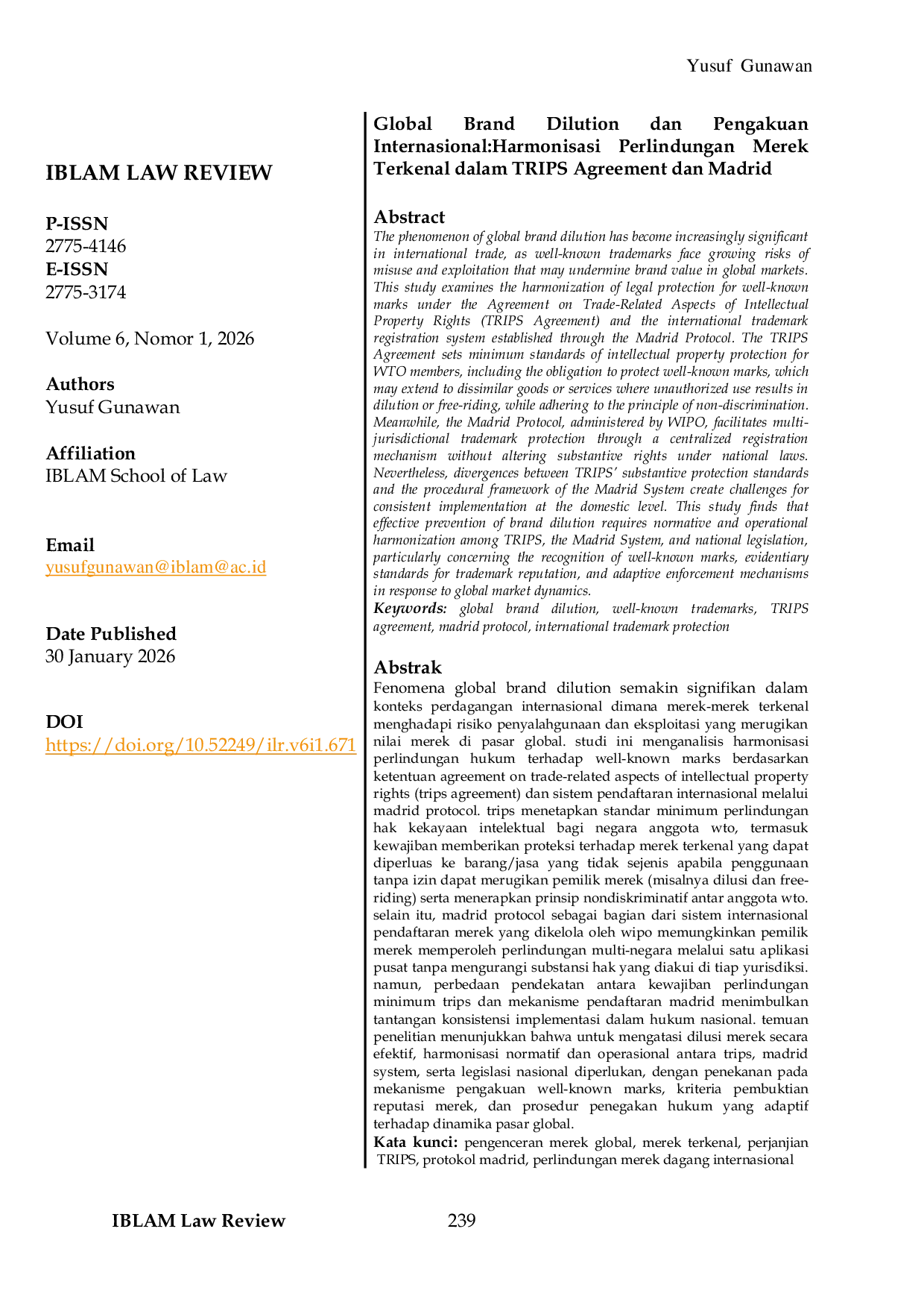 JURIS Global Brand Dilution dan Pengakuan Internasional Harmonisasi Perlindungan Merek Terkenal dalam TRIPS Agreement dan Madrid Protocol